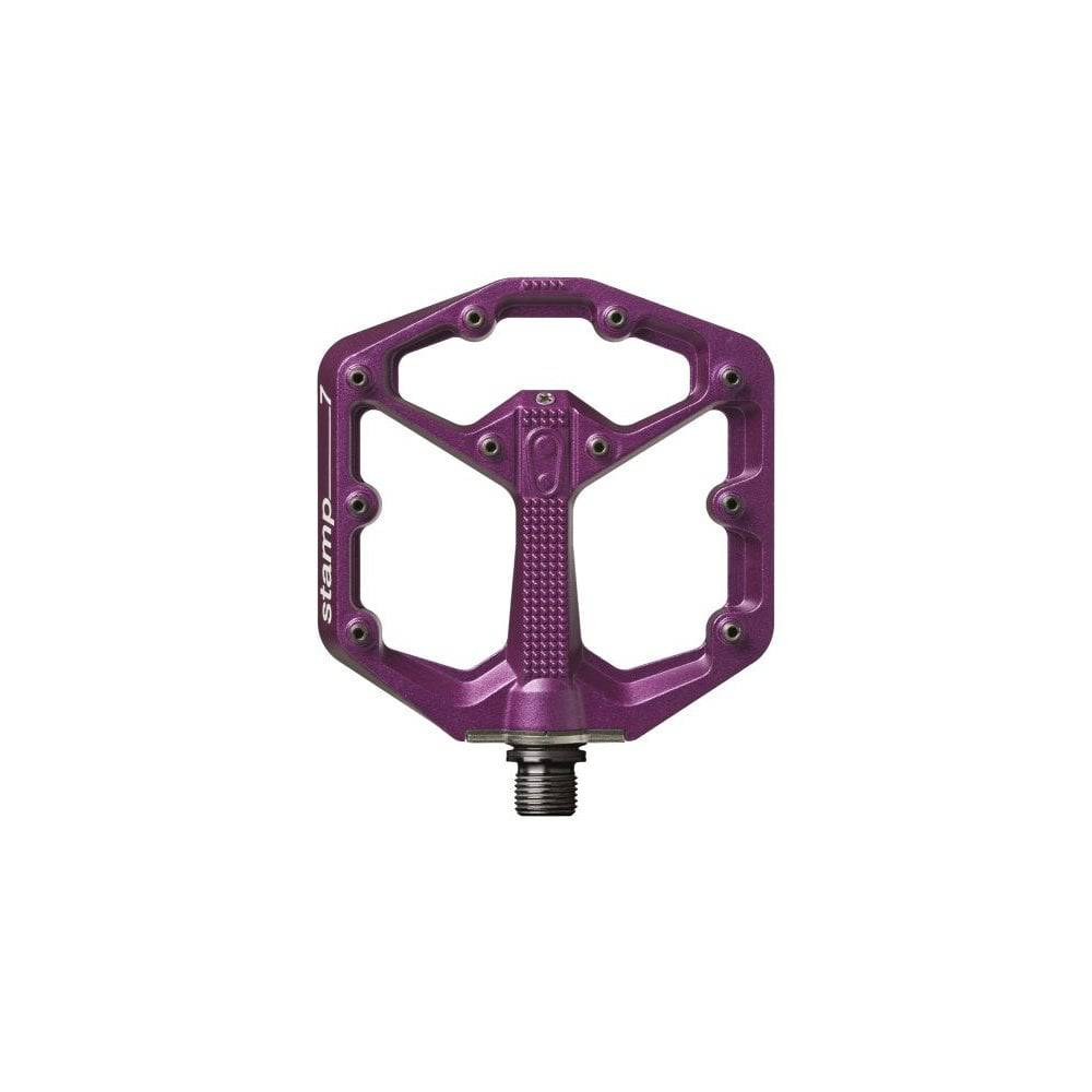 Crank Brothers Stamp 7 flat mountain bike pedal with adjustable pins and durable aluminum body for secure grip.