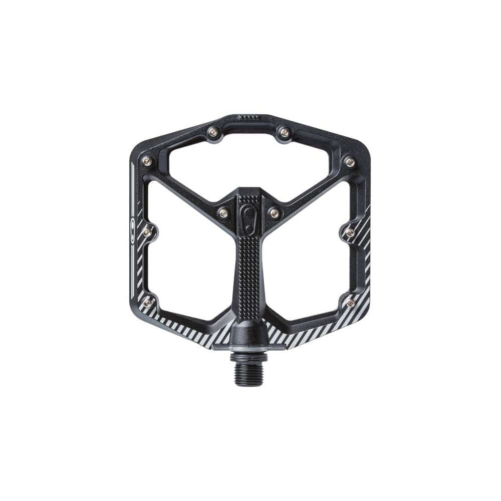 Crank Brothers Stamp 7 flat mountain bike pedal with adjustable pins, durable metal platform for MTB riding.