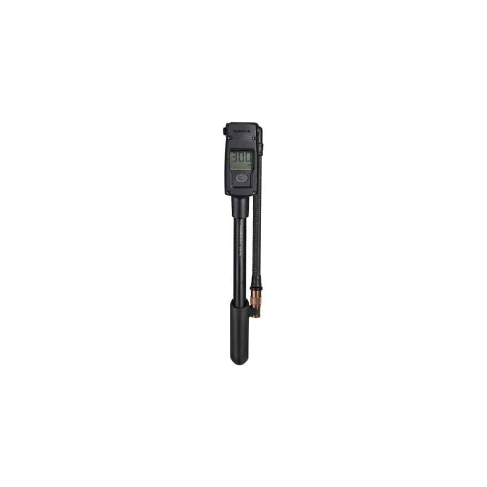 Topeak Pocket Shock digital shock pump with Pressure-Rite connector, black, showing digital display and pressure gauge.