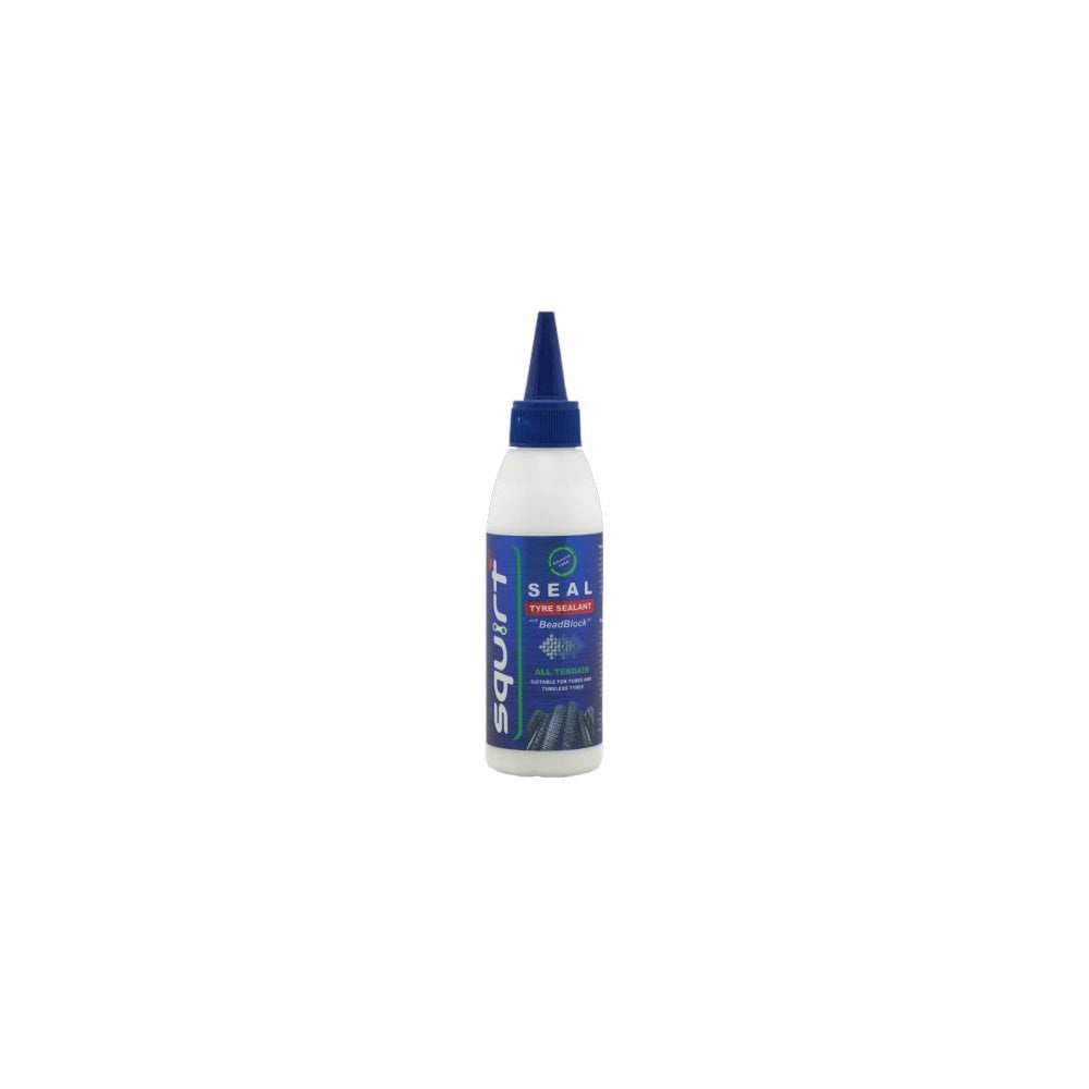 Squirt SEAL Tyre Sealant with BeadBlock for puncture protection on tubed and tubeless bike wheels, workshop setting.