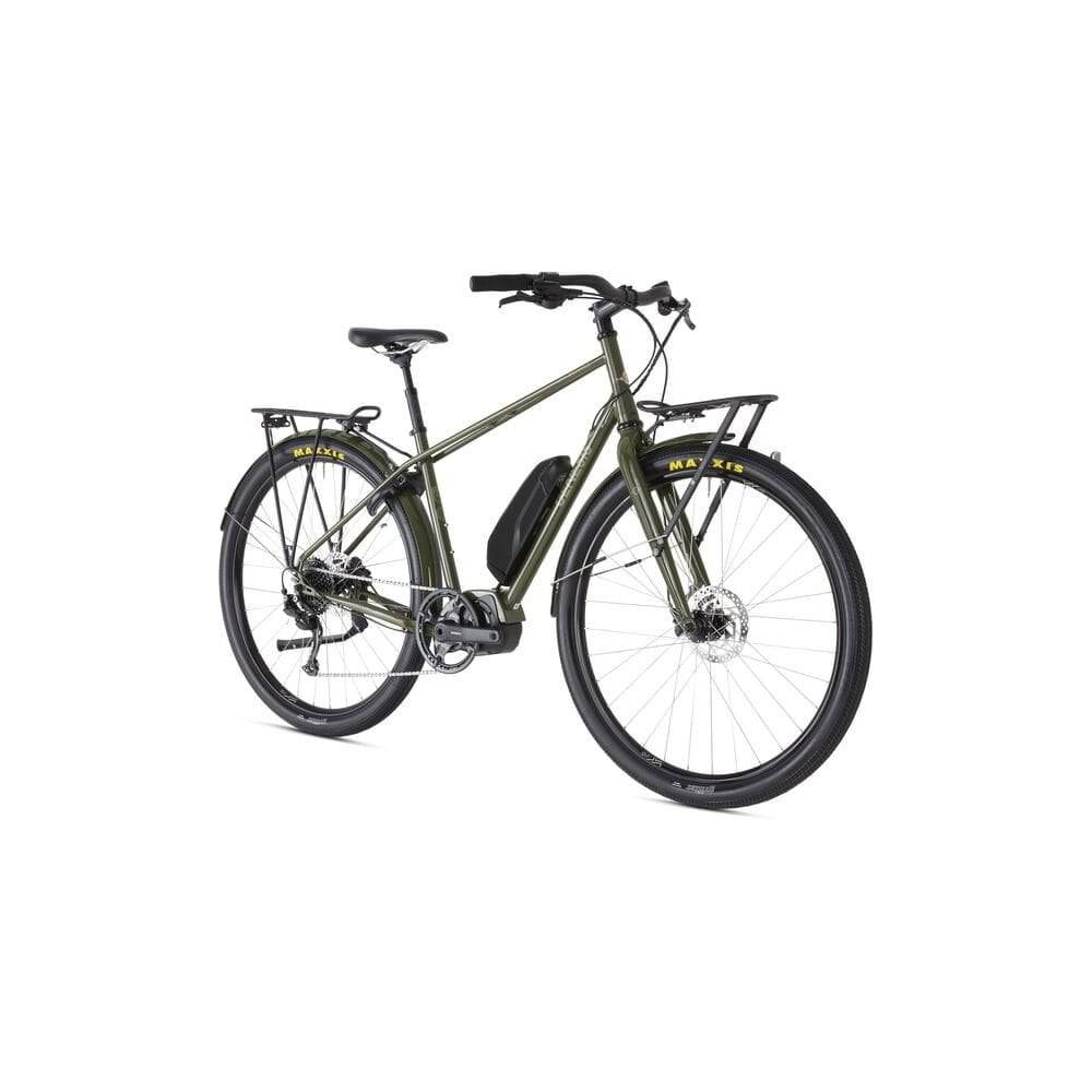 Genesis Smithfield e-Hybrid bike with Shimano STEPS E6100 motor and long-range battery, featuring a sleek frame and integrated battery design.