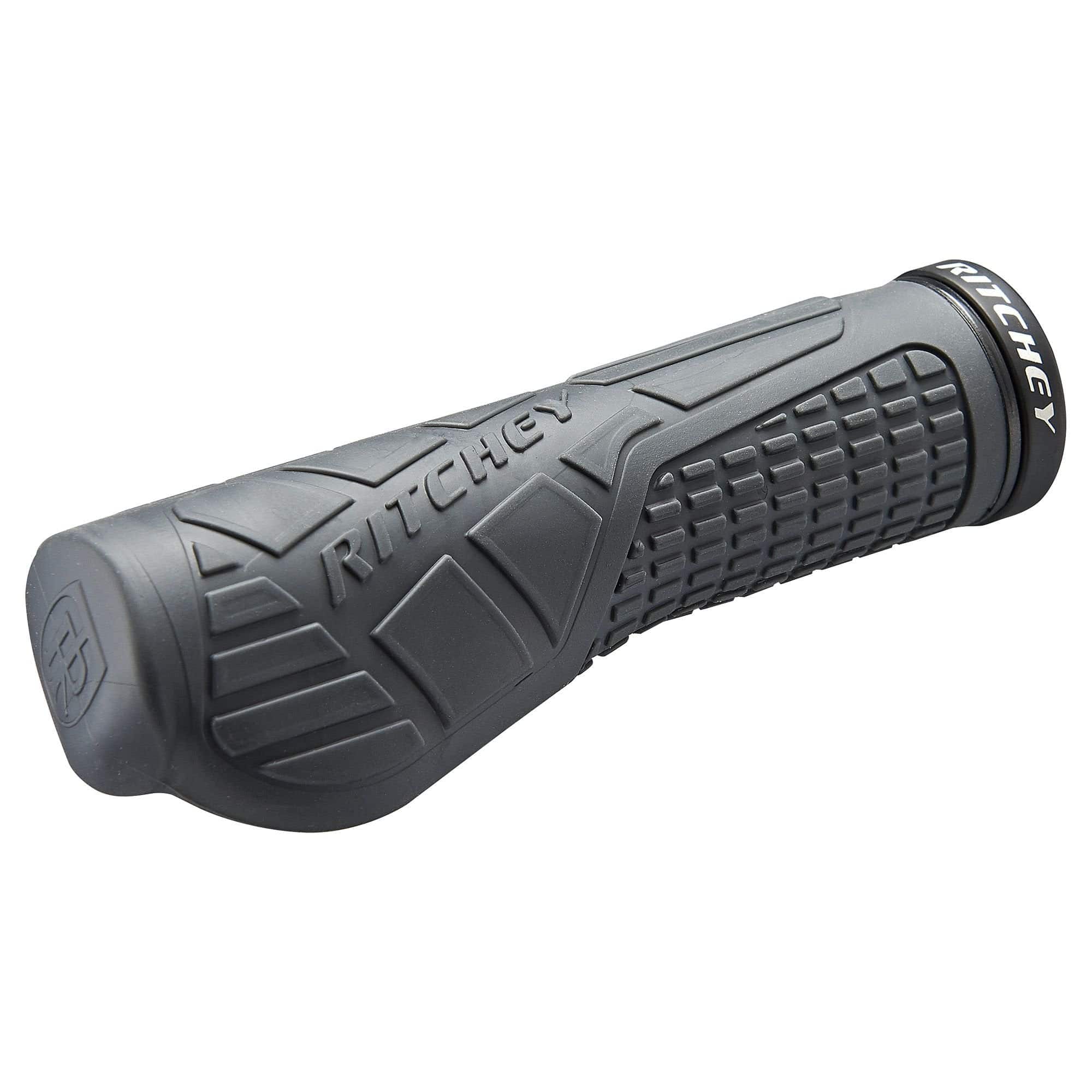Ritchey WCS EGP locking MTB handlebar grips in charcoal, 133mm ergonomic mountain biking grips attached to a handlebar.