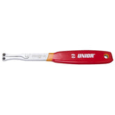 Red UNIOR adjustable spanner wrench with interchangeable 2.3mm and 3.8mm pins for workshop use, shown with tools in the image.