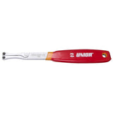 Red UNIOR adjustable spanner wrench with interchangeable 2.3mm and 3.8mm pins for workshop use, shown with tools in the image.