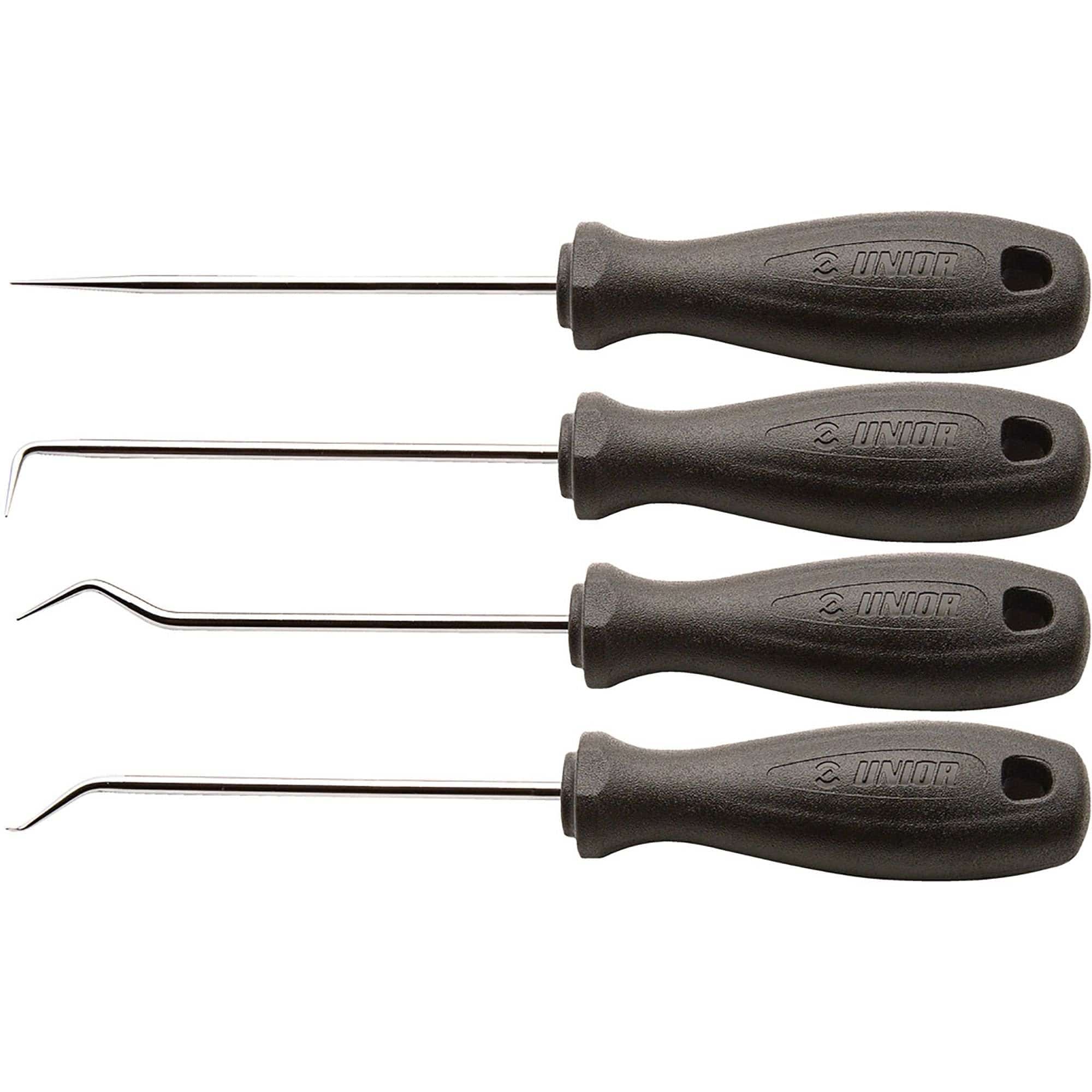 UNIOR awl set with straight and bent blades for piercing and marking in a workshop, showcasing precision tools for detailed work.