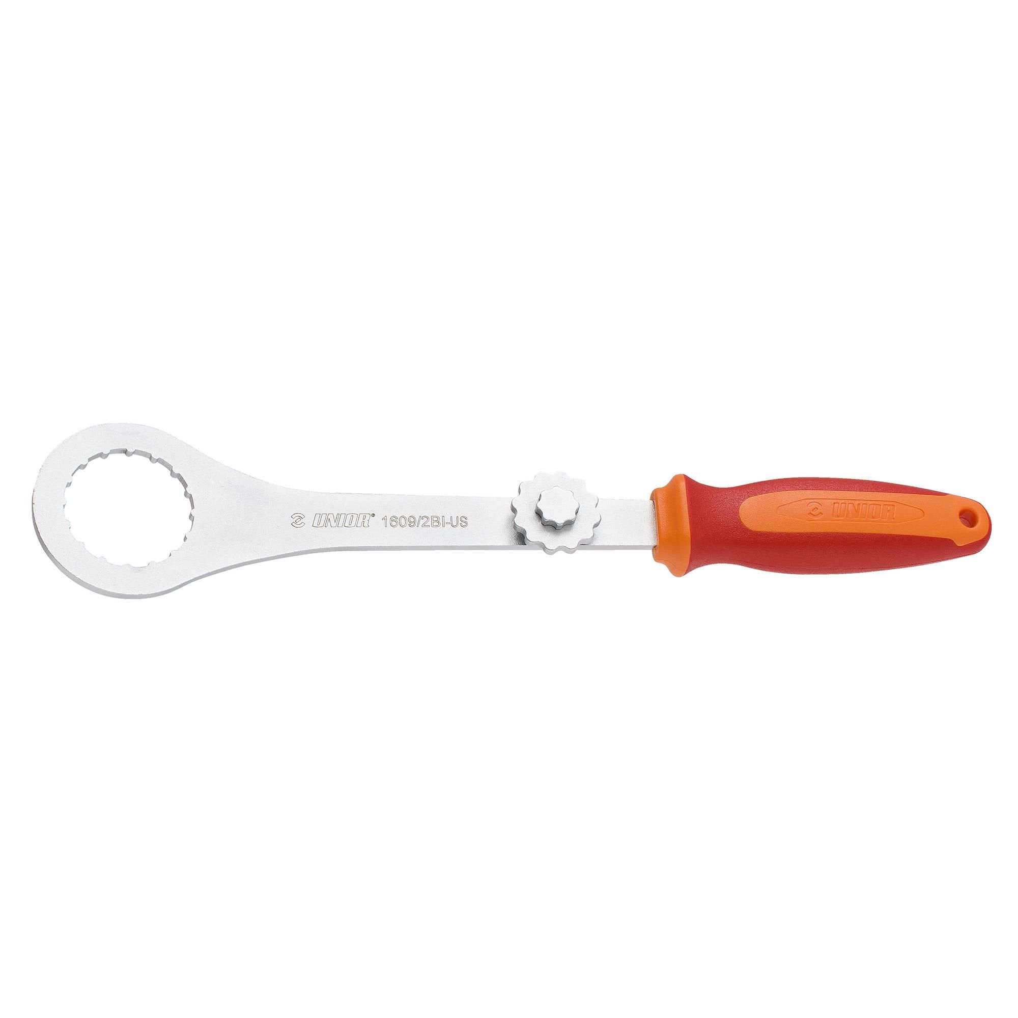 UNIOR 16-Notch Bottom Bracket Wrench in red for Shimano and Campagnolo bicycles, used for workshop maintenance and installation.