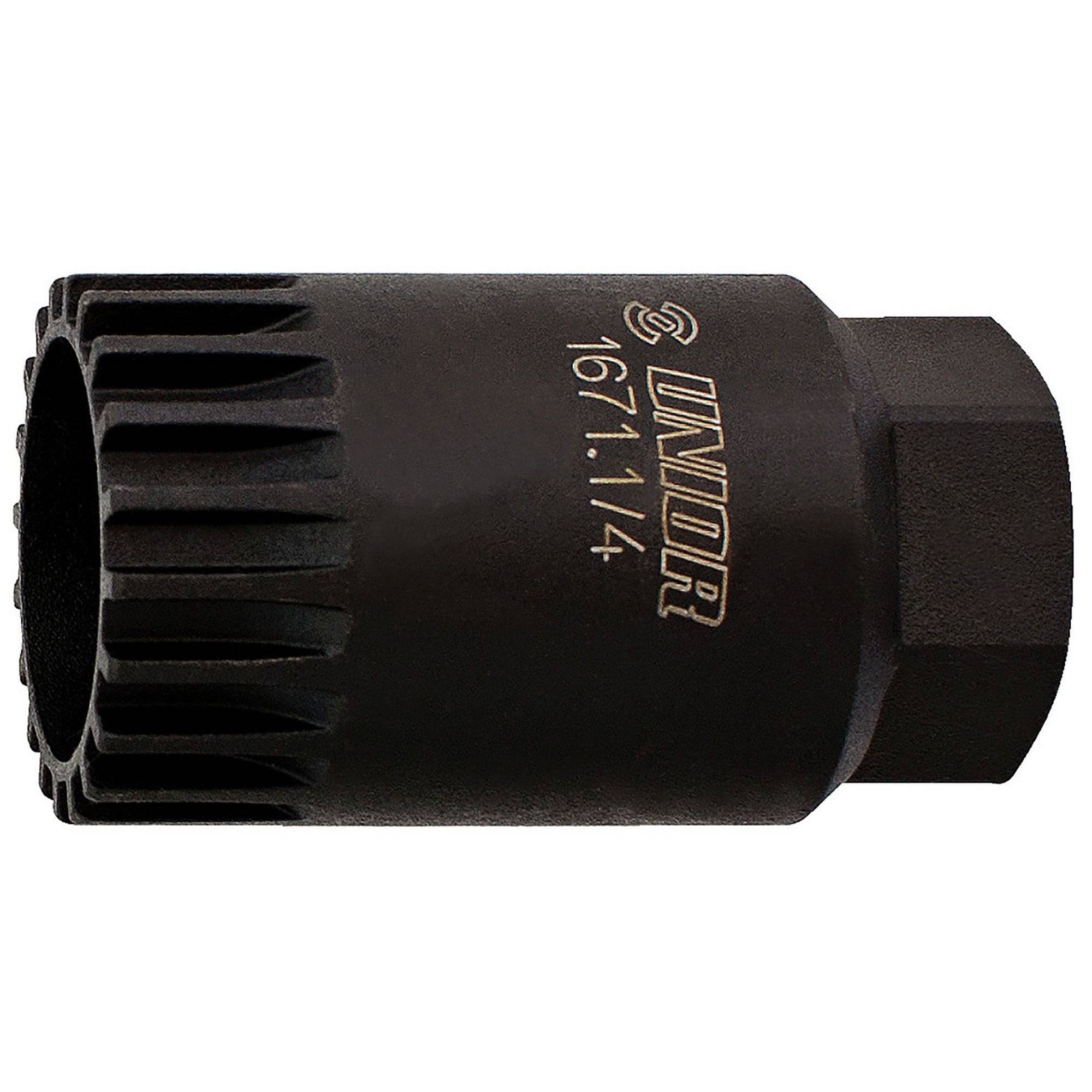 UNIOR 20-tooth cartridge bottom bracket tool for Shimano and ISIS brackets, shown in a workshop setting.