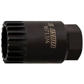 UNIOR 20-tooth cartridge bottom bracket tool for Shimano and ISIS brackets, shown in a workshop setting.