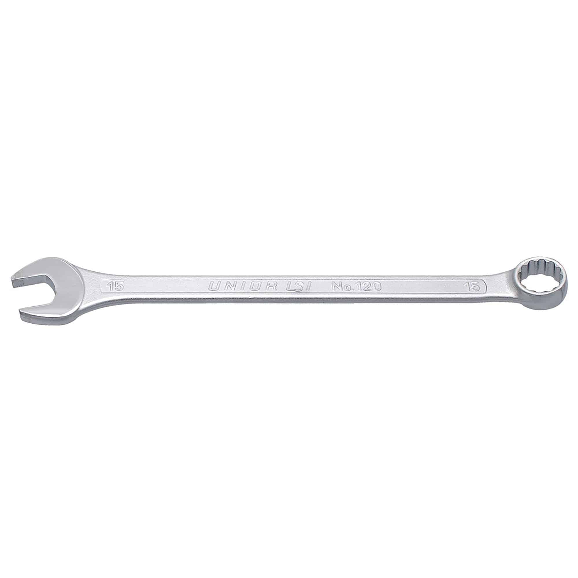 UNIOR long combination wrench, durable professional workshop tool with open and box ends, suitable for industrial or automotive use.