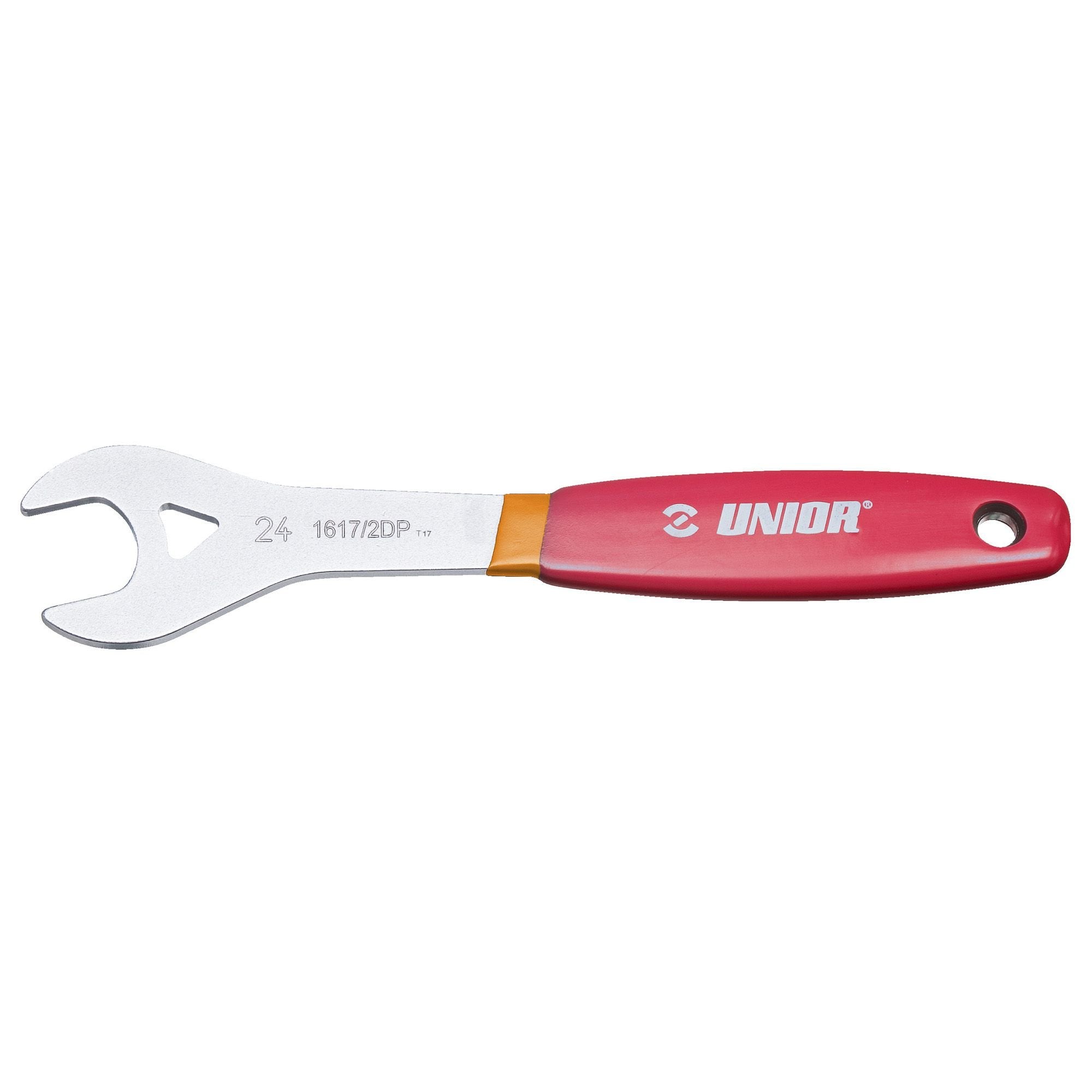 UNIOR single-sided cone wrench with ergonomic grip for bicycle maintenance, used in workshop settings for bike wheel adjustments