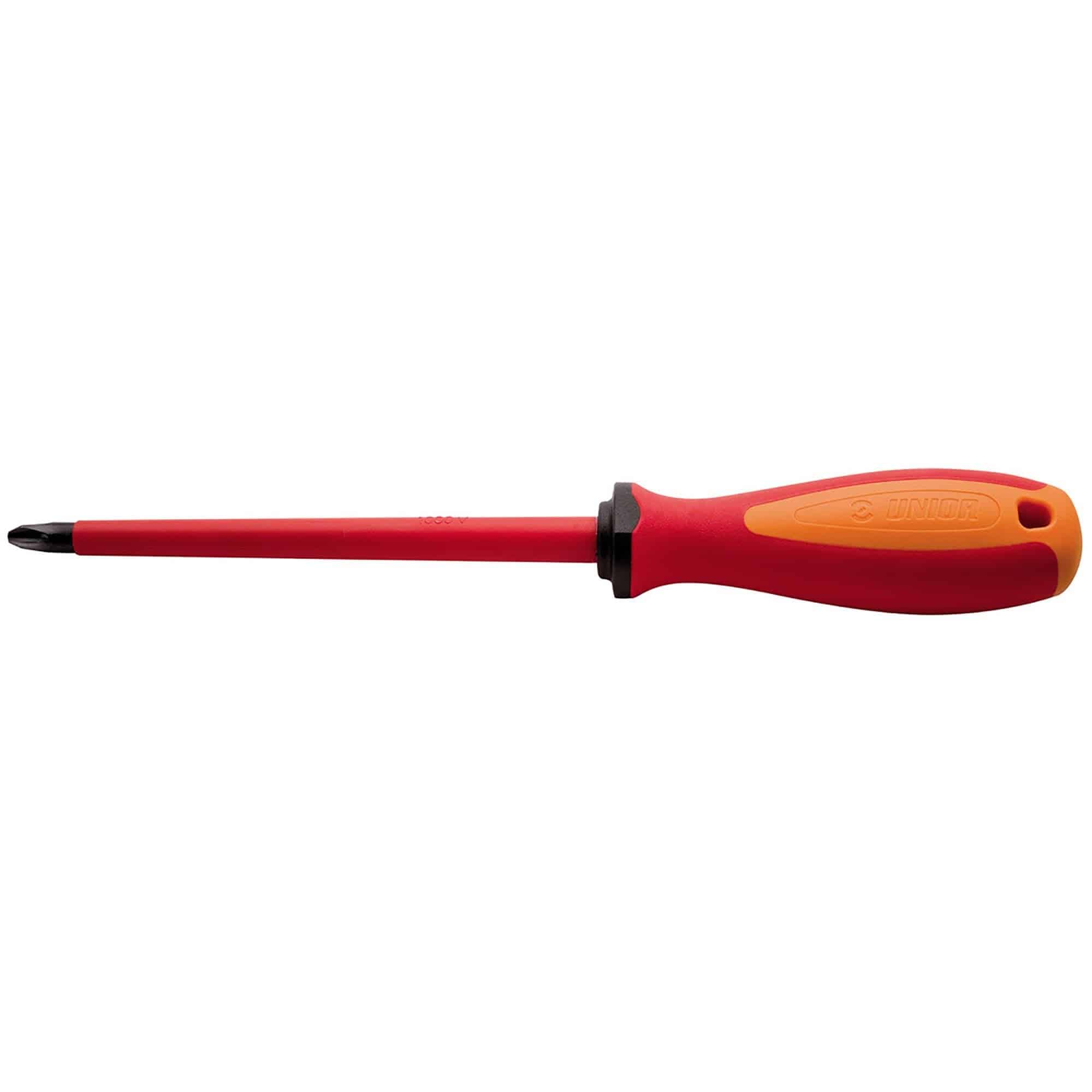 UNIOR Crosstip Phillips screwdriver TBI with insulated ergonomic handle, ideal for workshop use, in a close-up view.