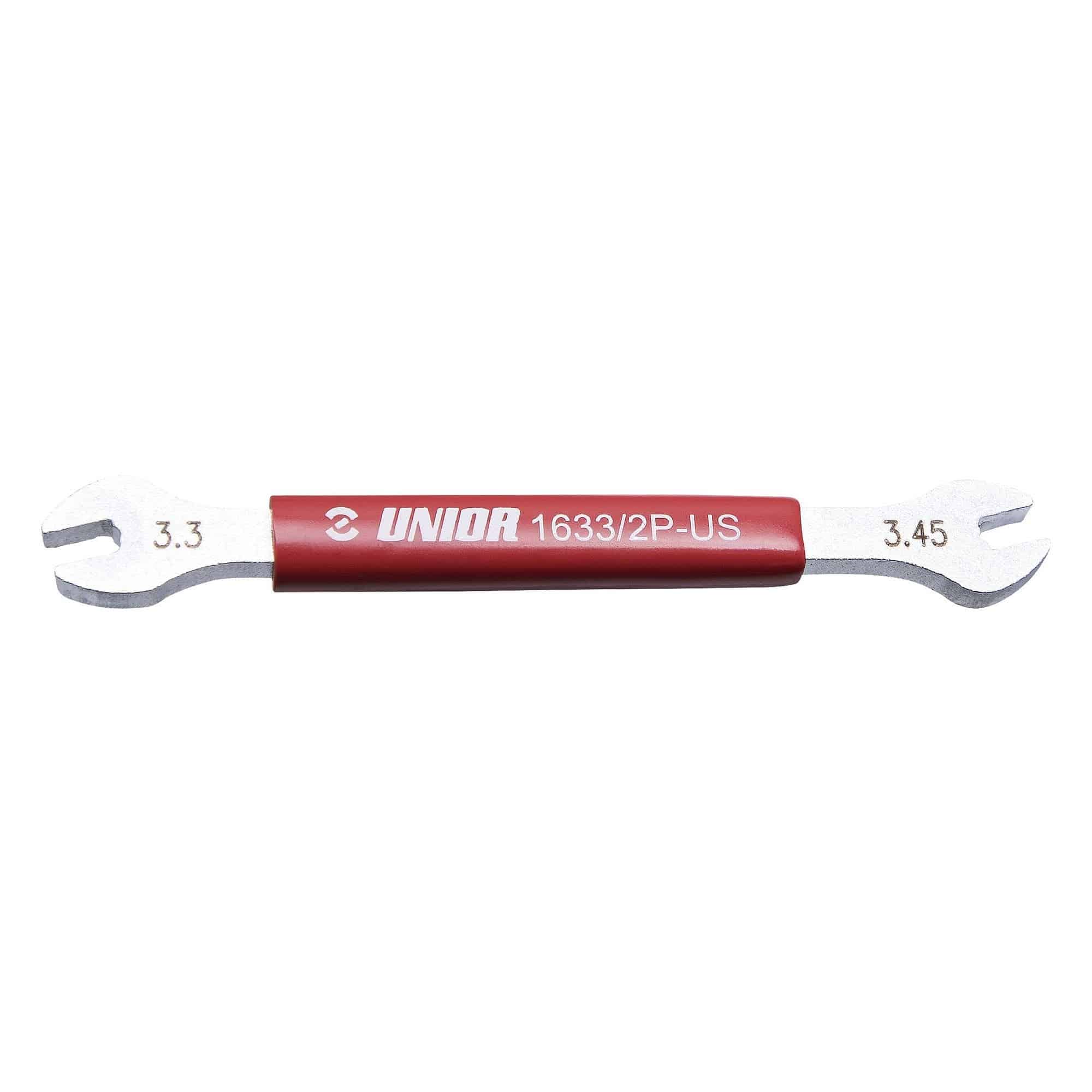 UNIOR double-sided spoke wrench with plastic-coated grip for precise bicycle wheel adjustments, workshop tool for bike maintenance.