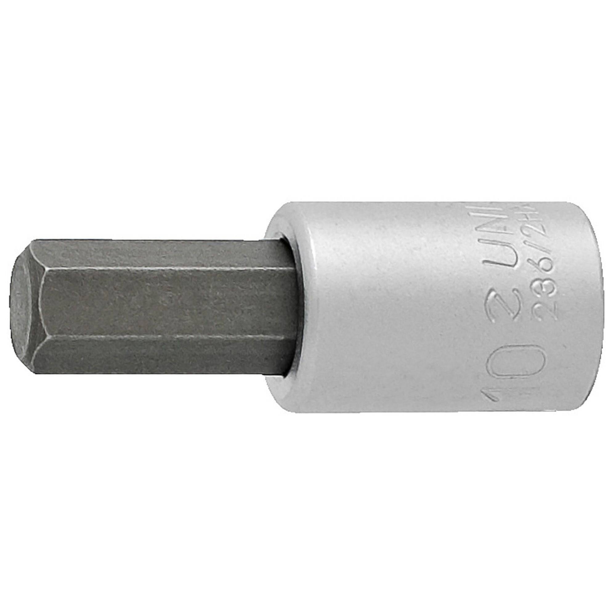 UNIOR 3/8" hexagonal screwdriver socket for workshop use, DIN 7422 metric tool, shown in close-up with shiny metal finish.