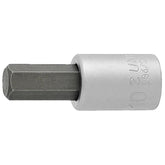 UNIOR 3/8" hexagonal screwdriver socket for workshop use, DIN 7422 metric tool, shown in close-up with shiny metal finish.