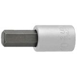 UNIOR 3/8" hexagonal screwdriver socket for workshop use, DIN 7422 metric tool, shown in close-up with shiny metal finish.