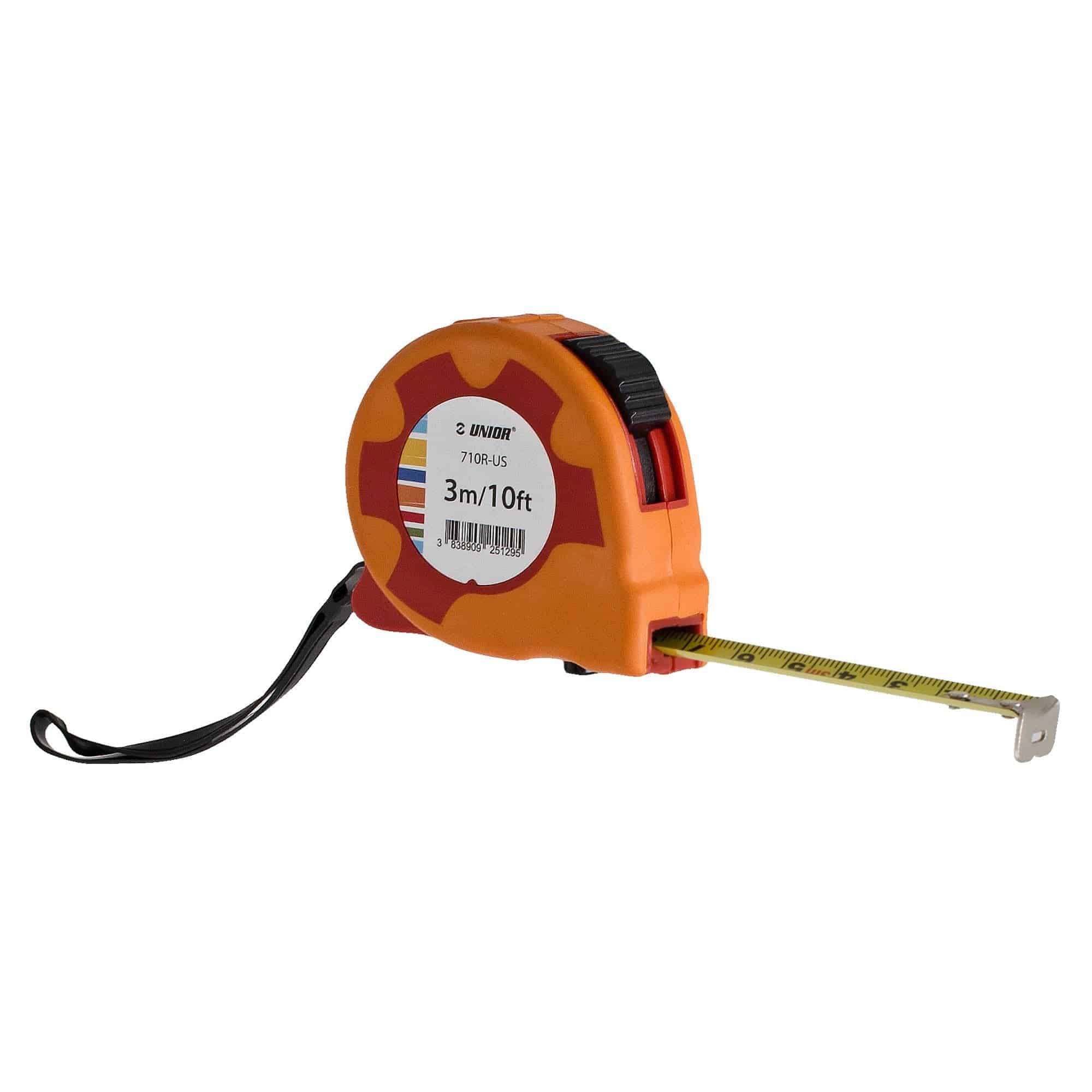 UNIOR 3M measuring tape with stop and clip, durable workshop tool, showing metal tape extended with measurement markings