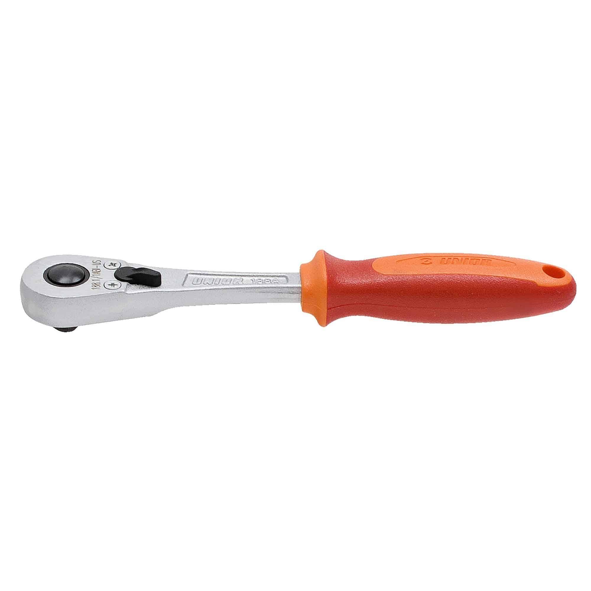UNIOR reversible 1/4-inch ratchet tool with safety lock and button release, suitable for workshop use