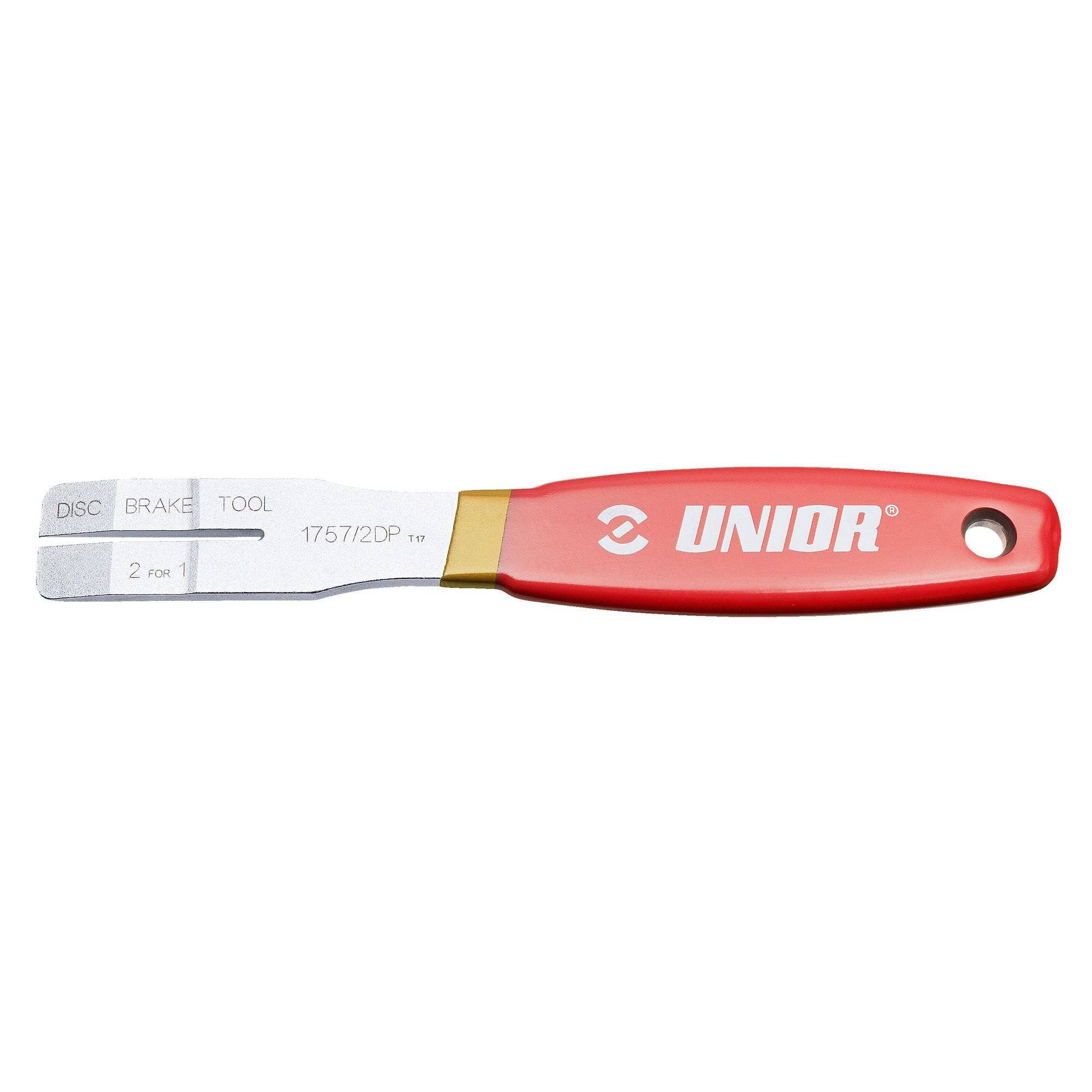 UNIOR 2-in-1 disc brake tool in red, featuring a pad spreader and rotor truing fork for bike maintenance.