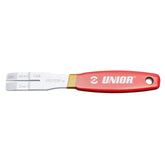 UNIOR 2-in-1 disc brake tool in red, featuring a pad spreader and rotor truing fork for bike maintenance.