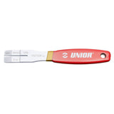UNIOR 2-in-1 disc brake tool in red, featuring a pad spreader and rotor truing fork for bike maintenance.