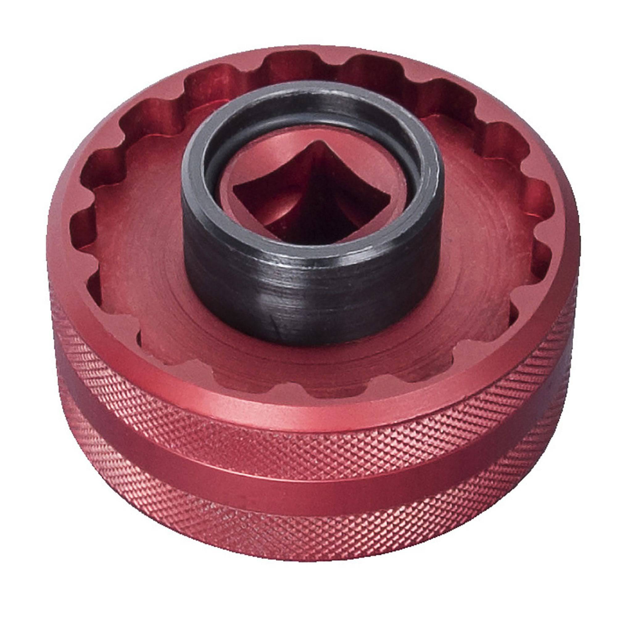 UNIOR T47 bottom bracket socket tool with exchangeable adaptor in red, designed for workshop bicycle maintenance.