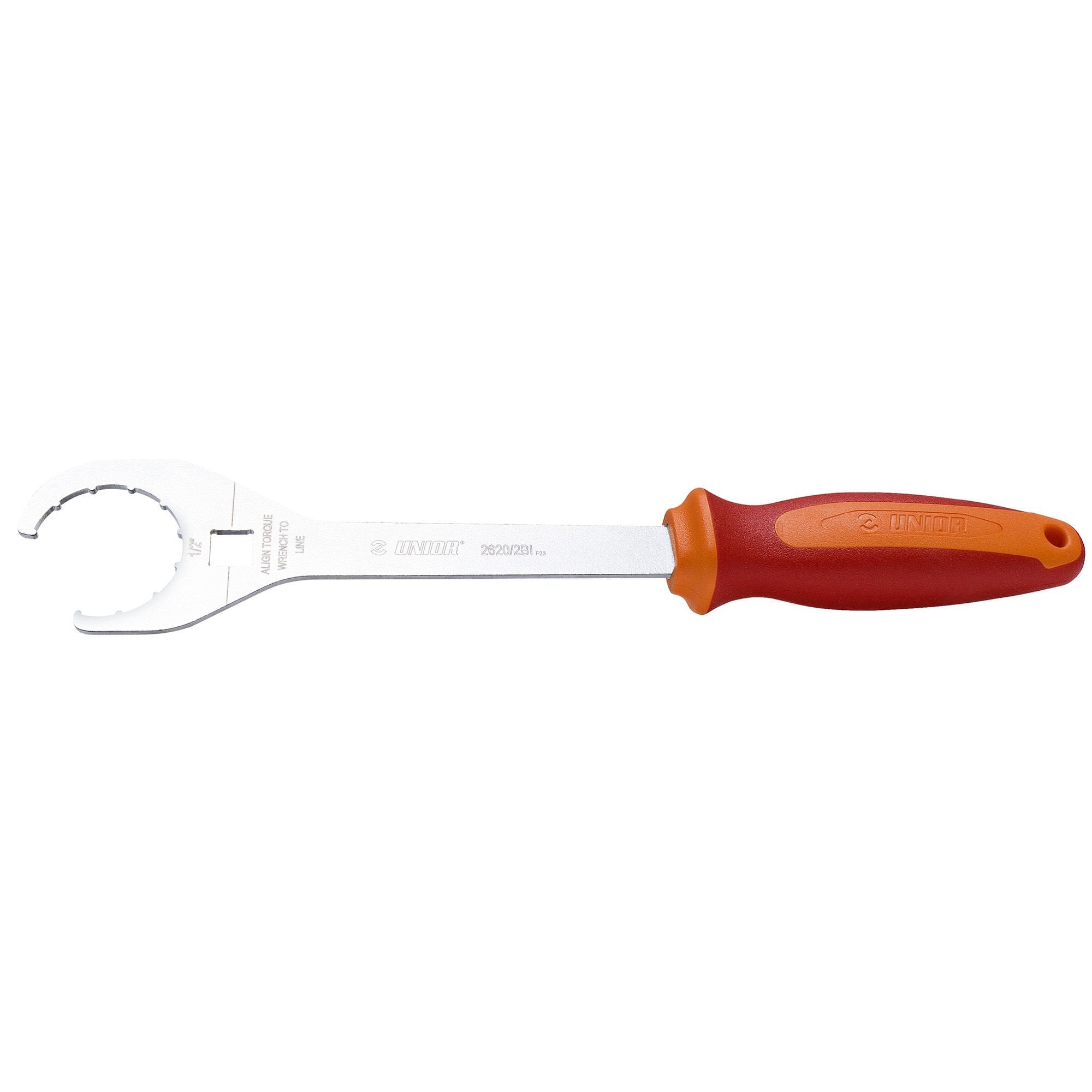 UNIOR BSA30 bottom bracket wrench in red, designed for 1/2" torque wrenches, used for bike workshop maintenance.
