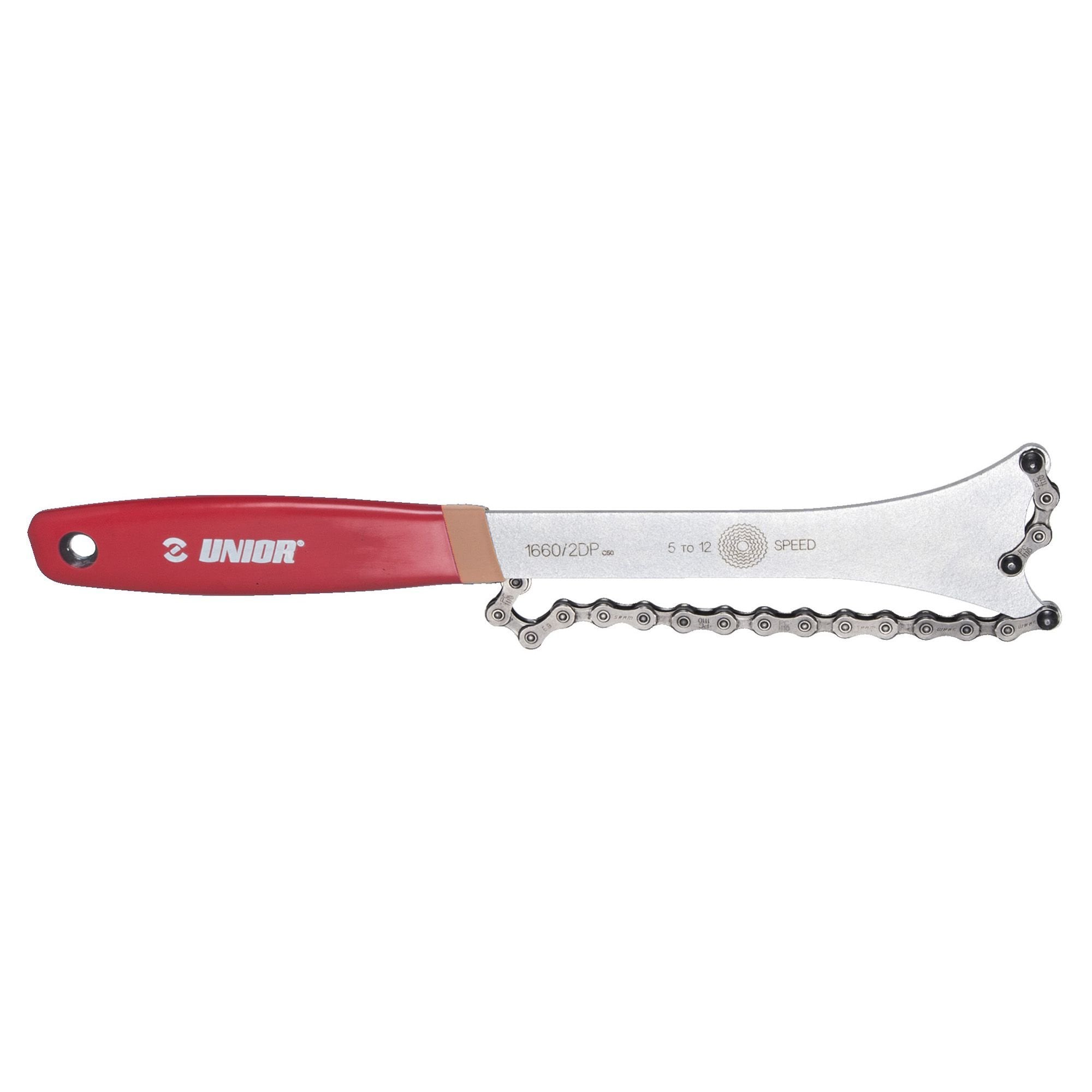 UNIOR chain whip workshop tool with red handle and magnetized holder, designed for 6-12 speed bike cassettes.