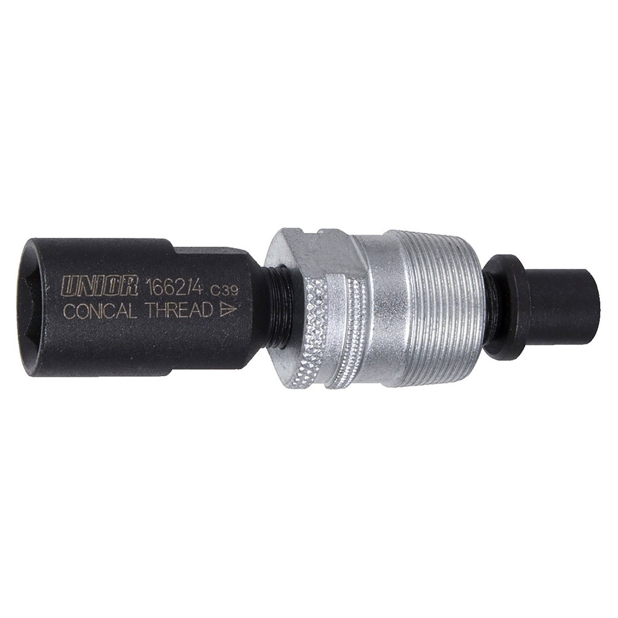 UNIOR tapered crank puller tool used for removing damaged inner thread cranks in workshop repair tasks.