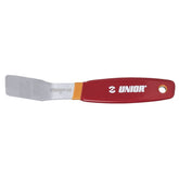 Red UNIOR disc brake piston spreader tool with 30° bent tip, used for bike brake maintenance and caliper piston expansion.