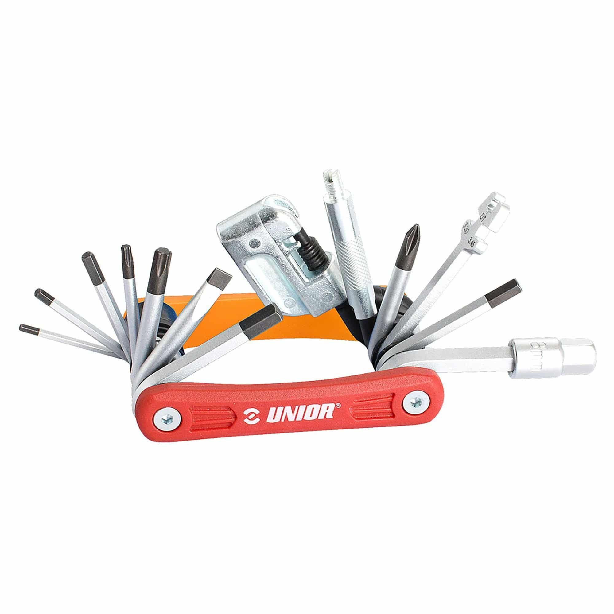 UNIOR Euro17 Multitool in red, versatile workshop and bike repair tool kit with multiple tools for repair and maintenance tasks