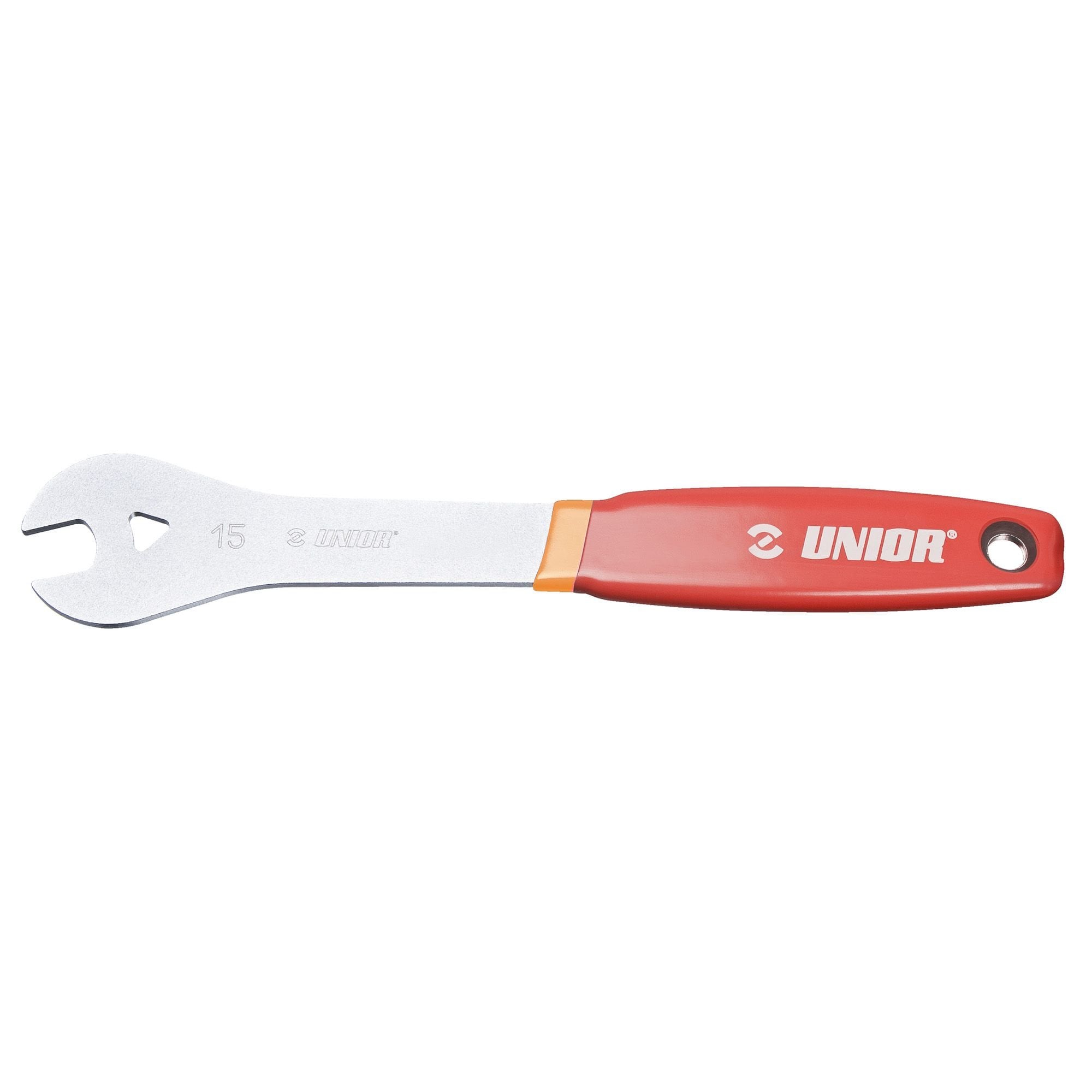 UNIOR 15mm bike pedal wrench with red finish for bike maintenance, workshop tool for bicycle repair and pedal installation.
