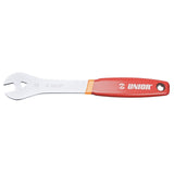 UNIOR 15mm bike pedal wrench with red finish for bike maintenance, workshop tool for bicycle repair and pedal installation.