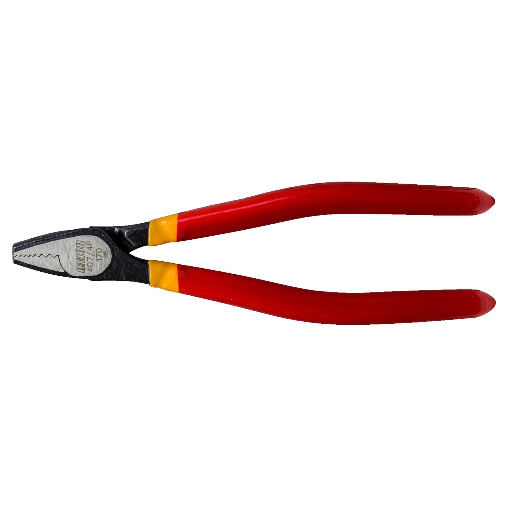 UNIOR 170mm red screw grabbing pliers with vertical serrations for stripped screws, ideal for workshop use