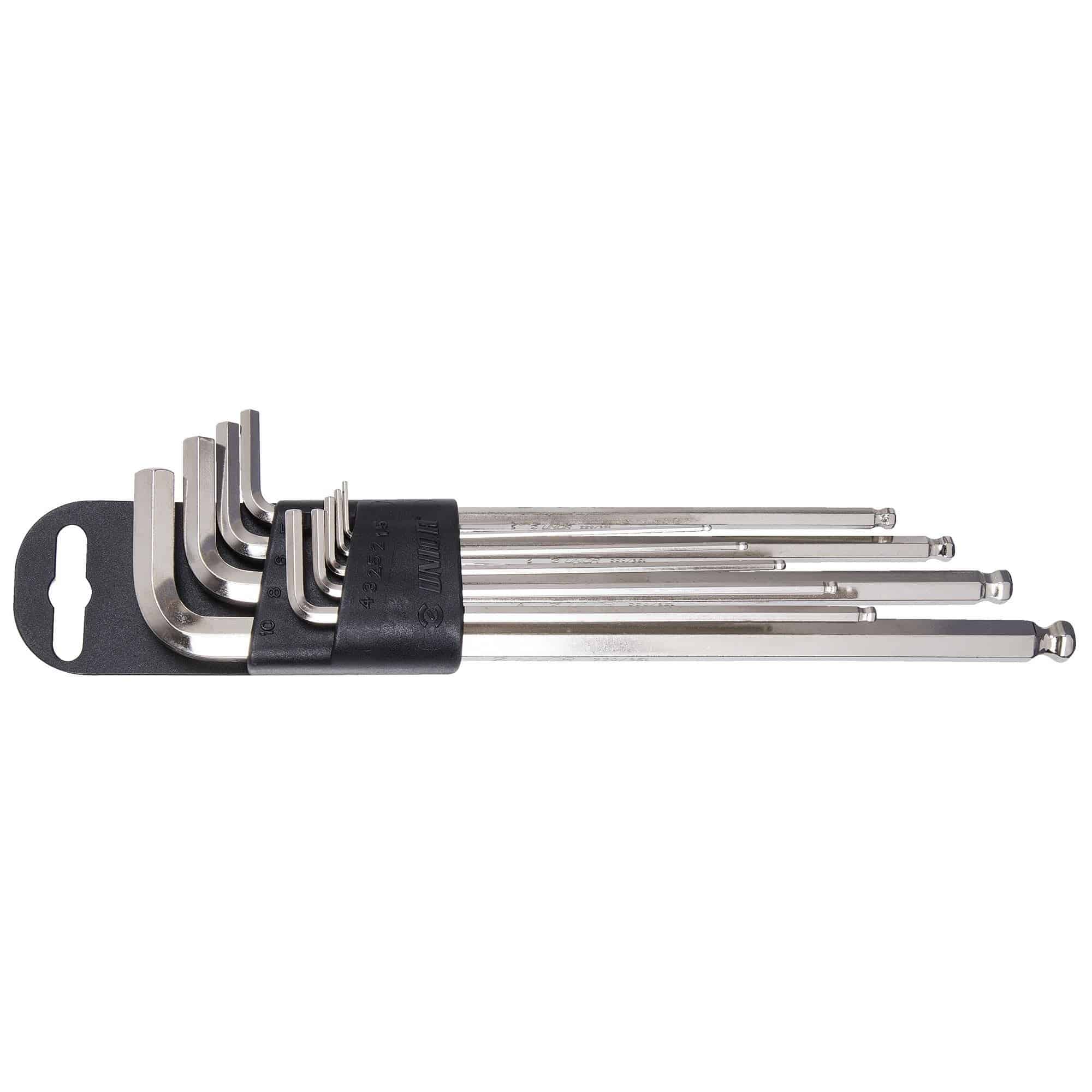 UNIOR ball end hex wrench set in 1.5-10mm sizes, long type with red plastic clip for workshop use.