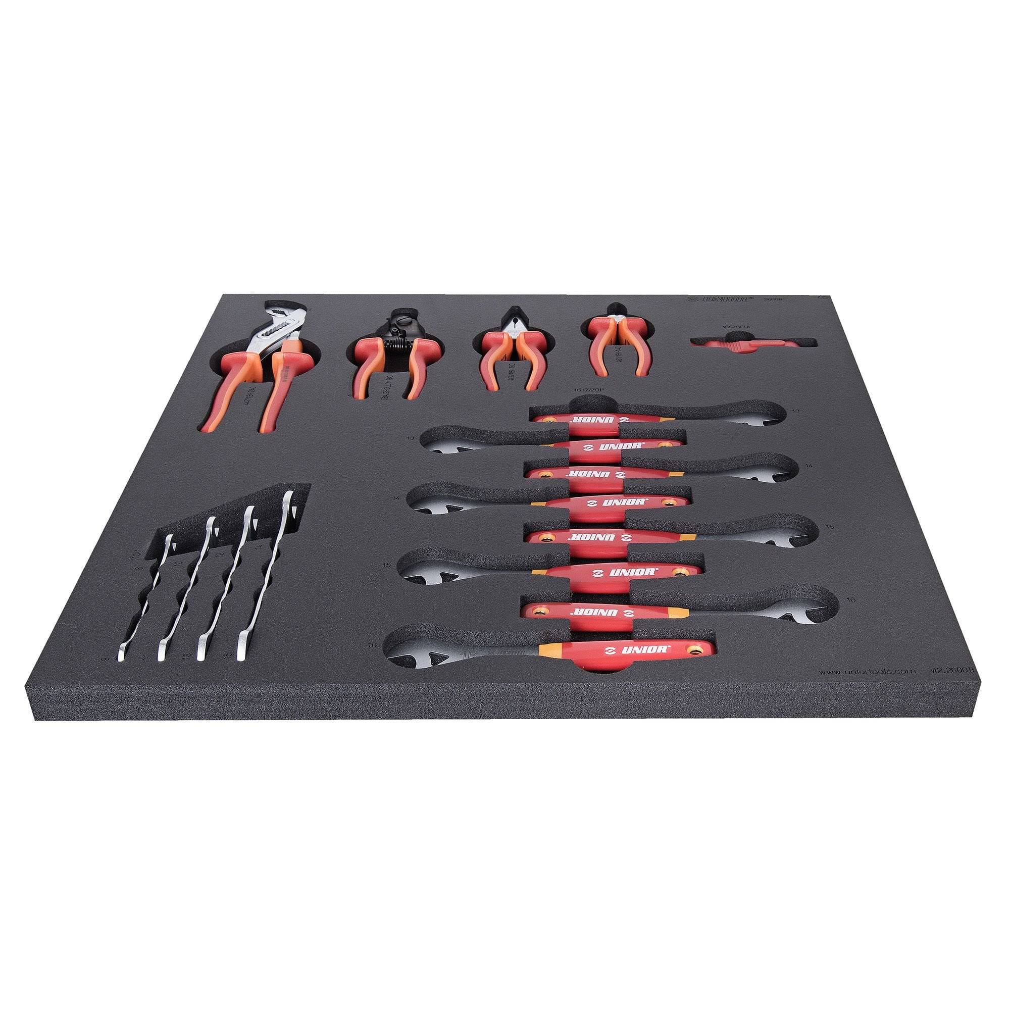 UNIOR workshop tool set in tray with pliers, wrenches, and tire levers, red color, designed for 2600B model.