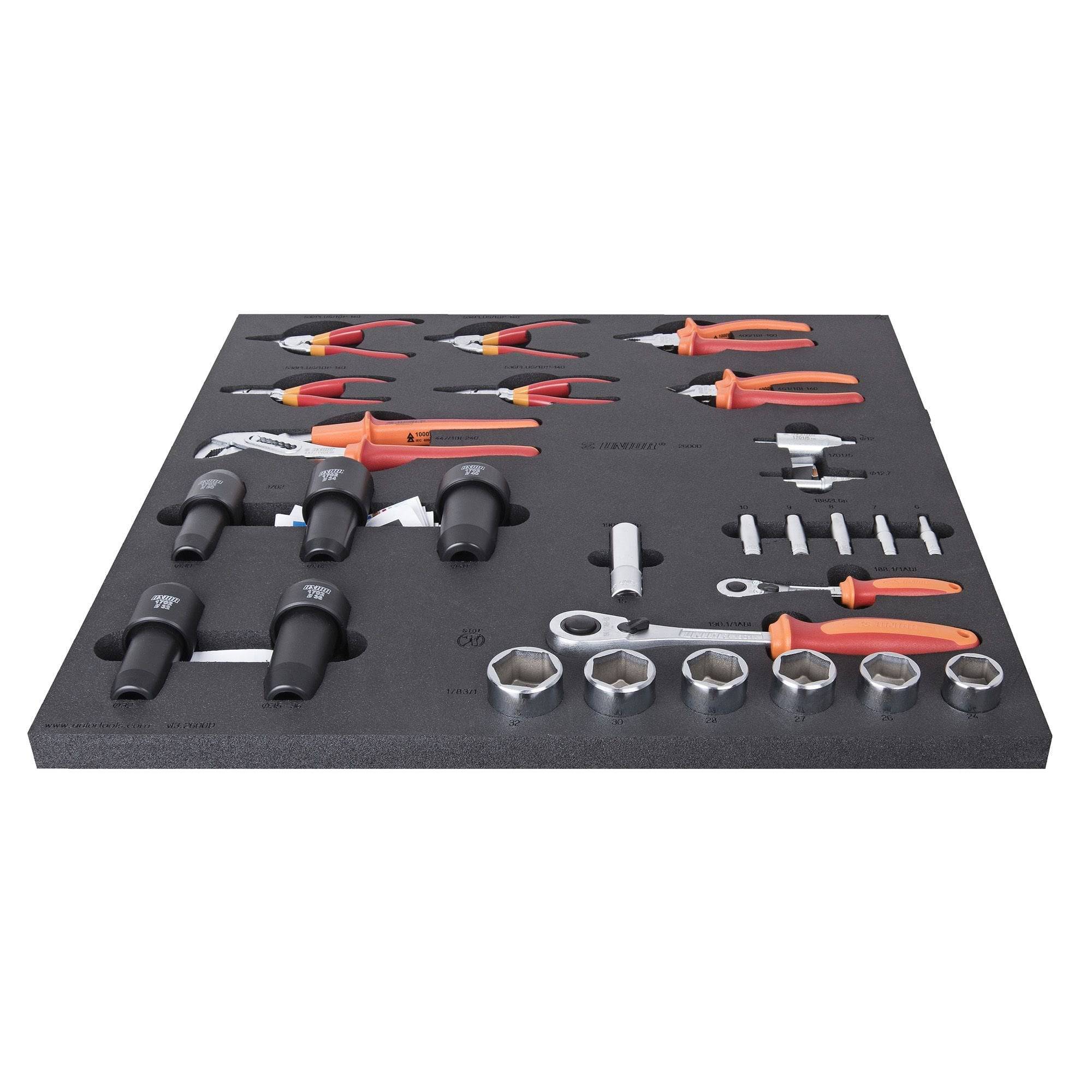 UNIOR workshop tool set in red tray with hand tools for 2600D professional workshop use, organized in a sturdy tray