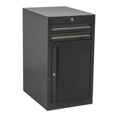 Black UNIOR narrow workshop tool chest with 2 drawers and door, measuring 475x650x870mm, shown with tools inside.