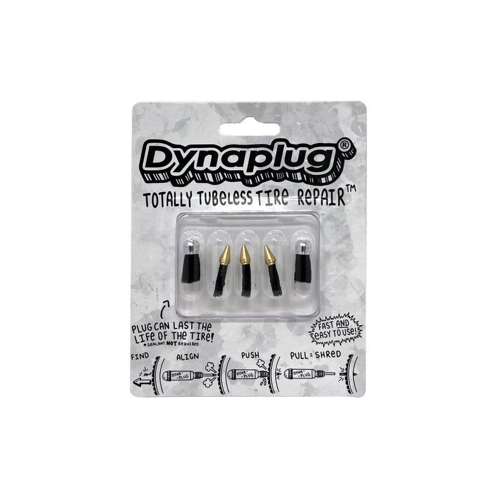 Dynaplug tubeless tire repair kit with 3 soft nose plugs and 2 mega plugs for quick bike tire puncture repair.