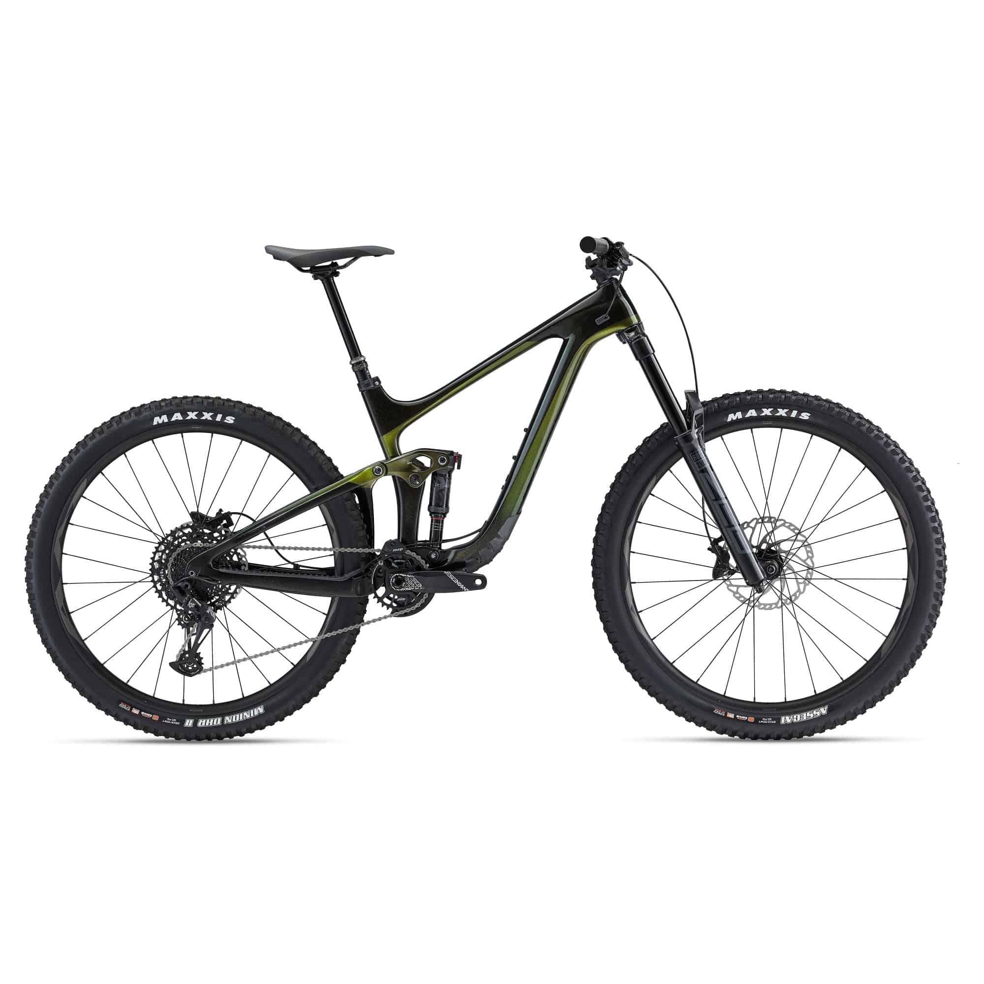 Giant Reign Advanced Pro 29 mountain bike with Sram Eagle NX drivetrain, black frame and full suspension for off-road riding.