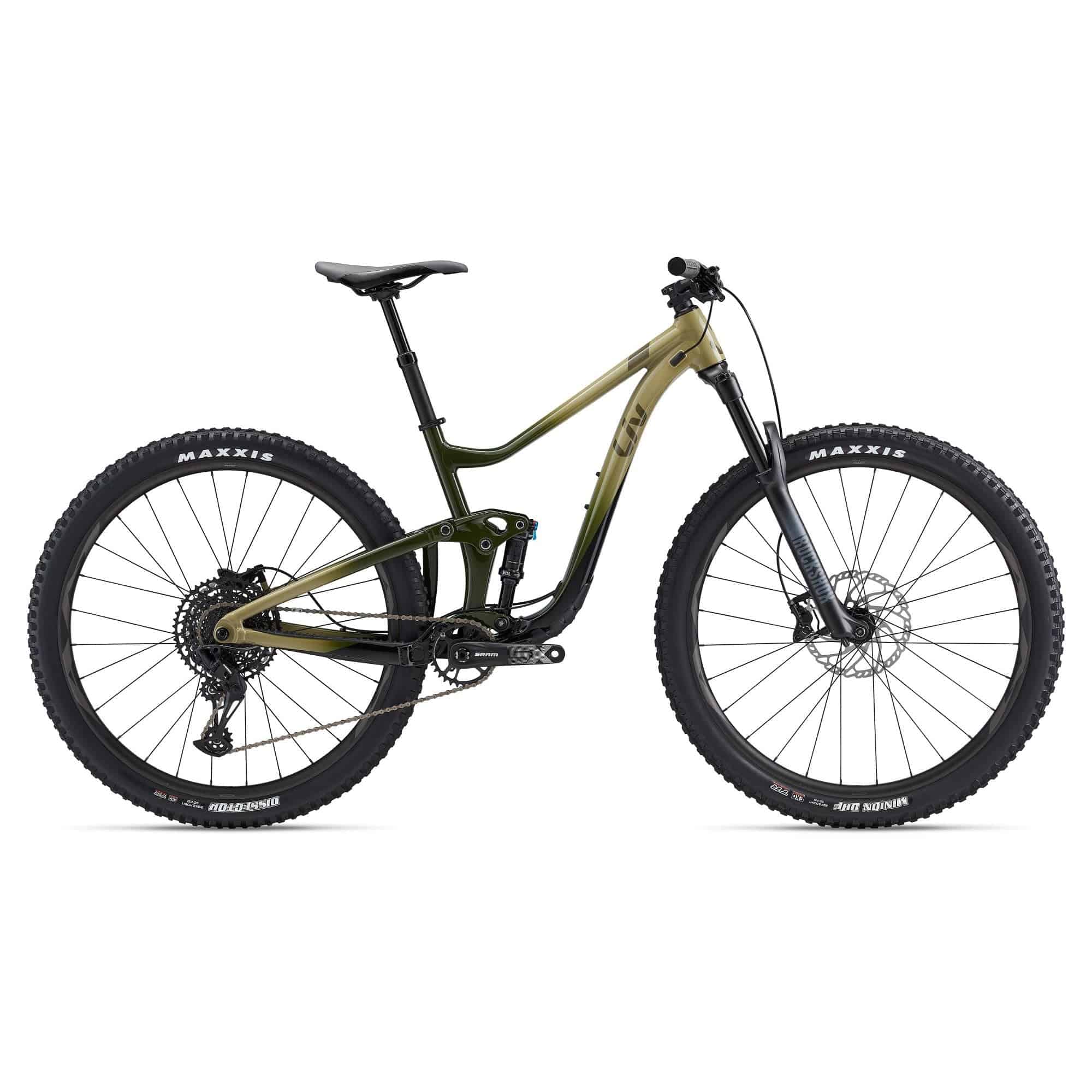 Liv Intrigue 29 2 women's mountain bike with Sram Eagle SX drivetrain, featuring a sturdy frame, knobby tires, and suspension for trail riding.