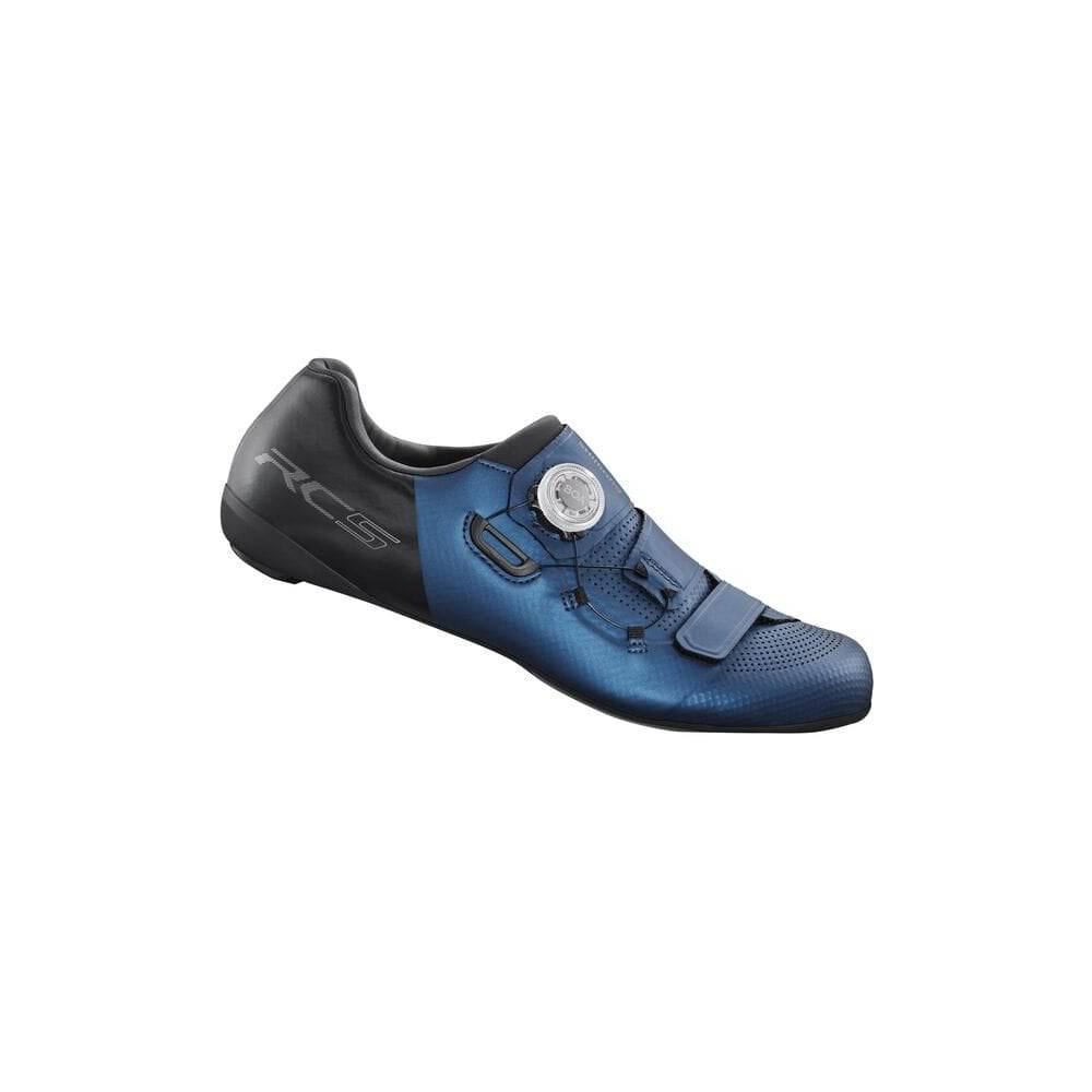 Shimano RC5 SPD-SL road cycling shoes with BOA L6 fit system, featuring sleek design and secure closure for road biking.