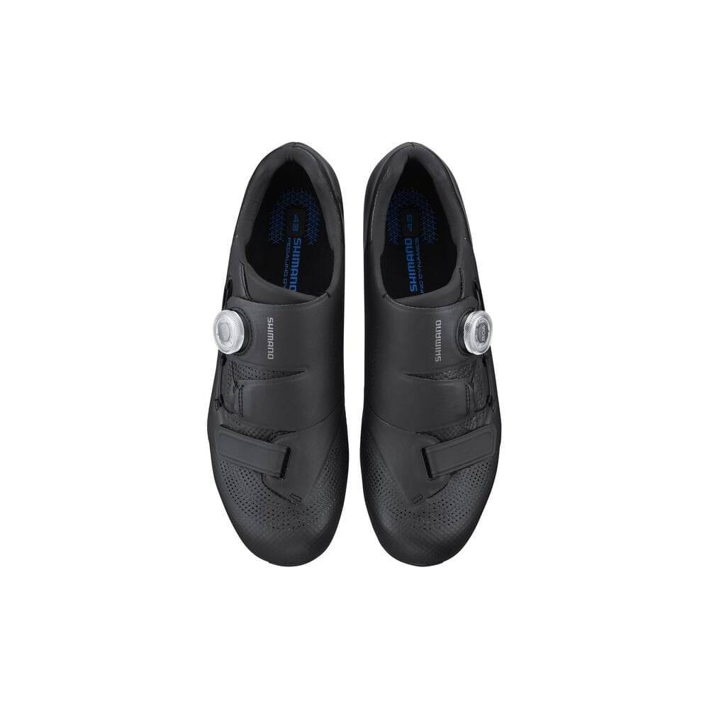 Shimano RC5 SPD-SL road cycling shoes with BOA L6 fit system, black lightweight athletic footwear for cycling enthusiasts.