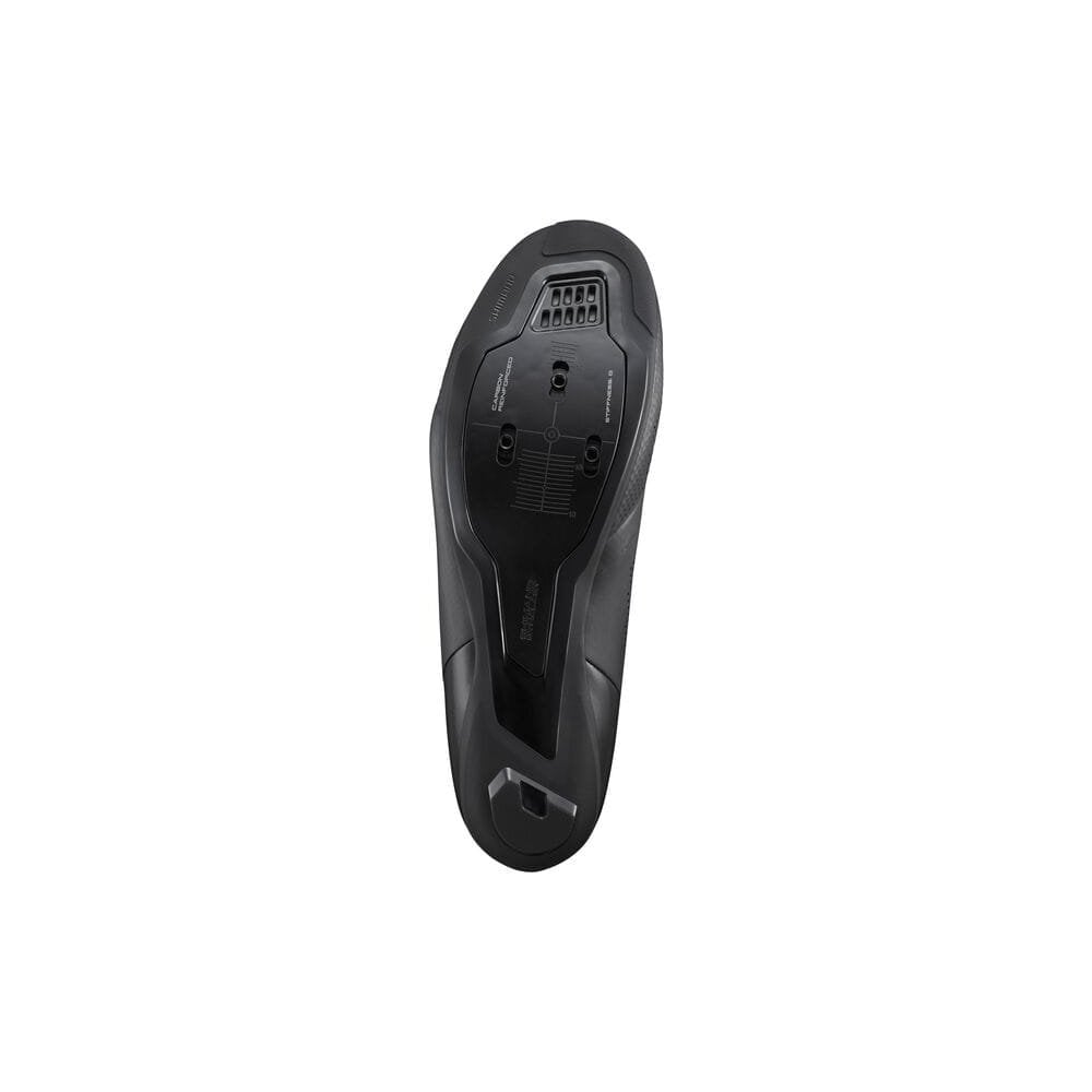 Shimano RC5 SPD-SL road cycling shoes with BOA L6 fit system, black with sleek design and adjustable closure for performance riding.