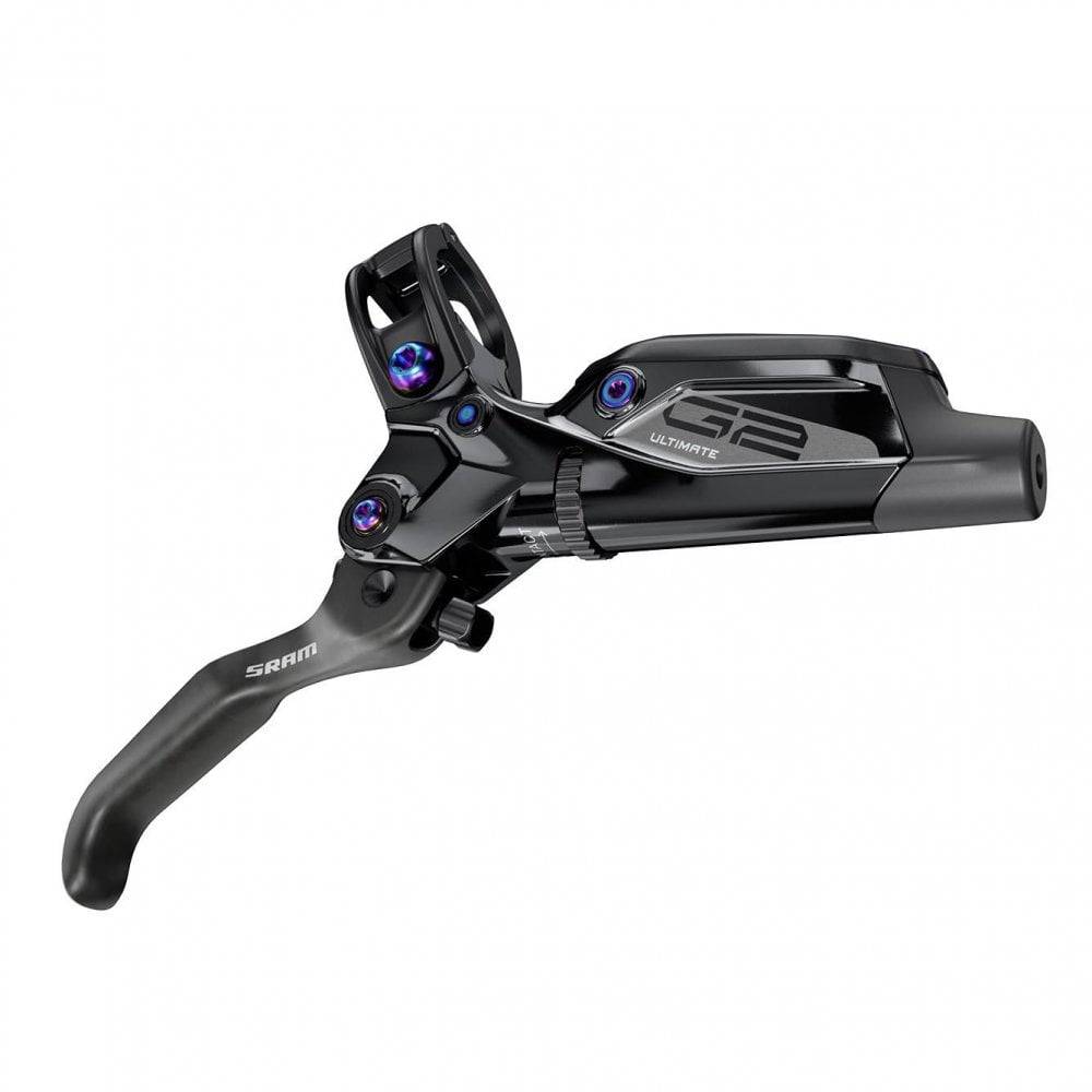 SRAM G2 Ultimate MTB disc brake with carbon lever, titanium hardware, and MMX clamp in gloss black, mountain bike component