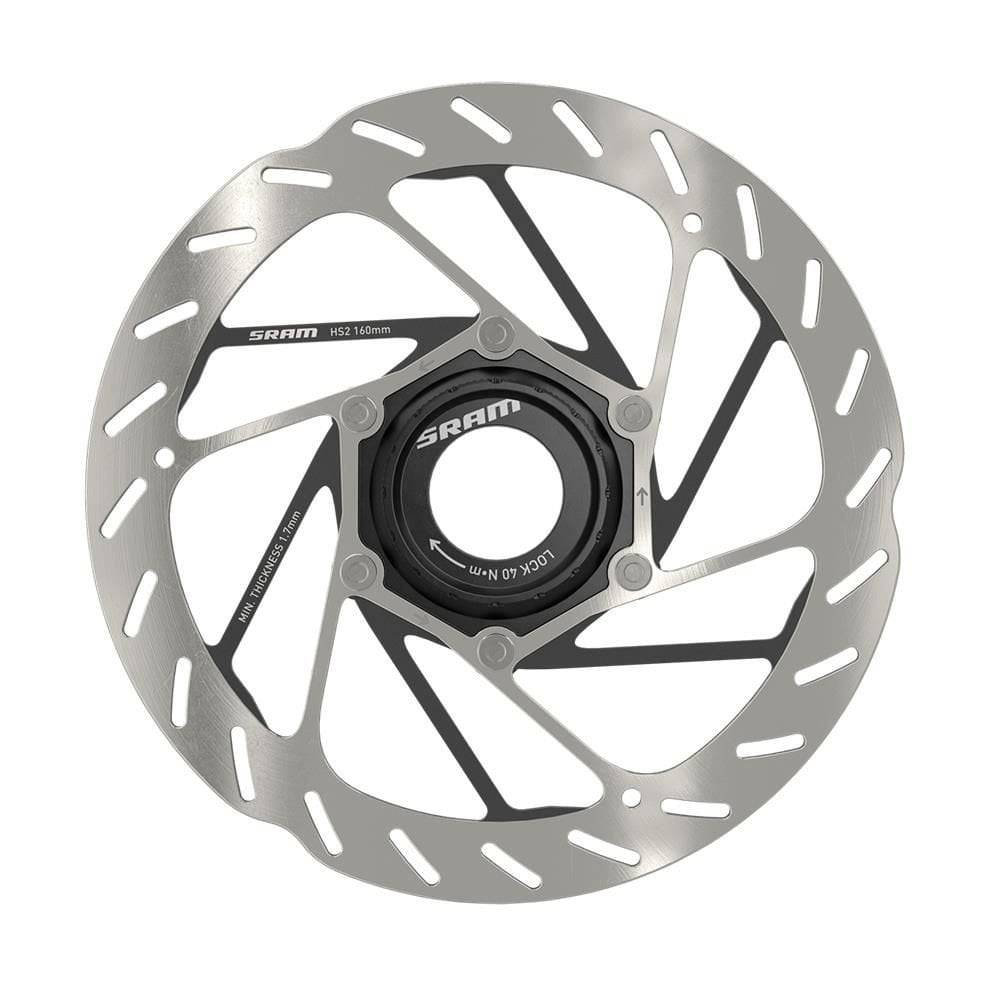 SRAM HS2 Center Lock mountain bike rotor with rounded design and included lockring, durable bike components for reliable braking.