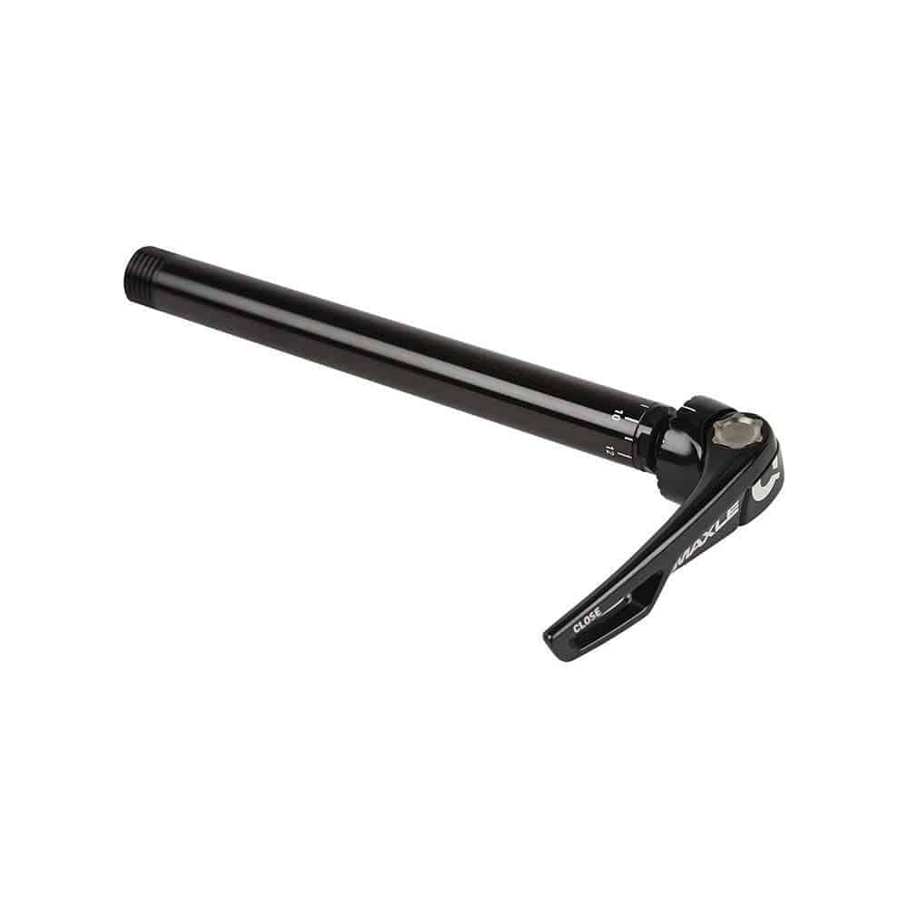 Rockshox Maxle Ultimate front axle 12x100mm, 134mm length, M12x1.50 thread, black mountain bike component.