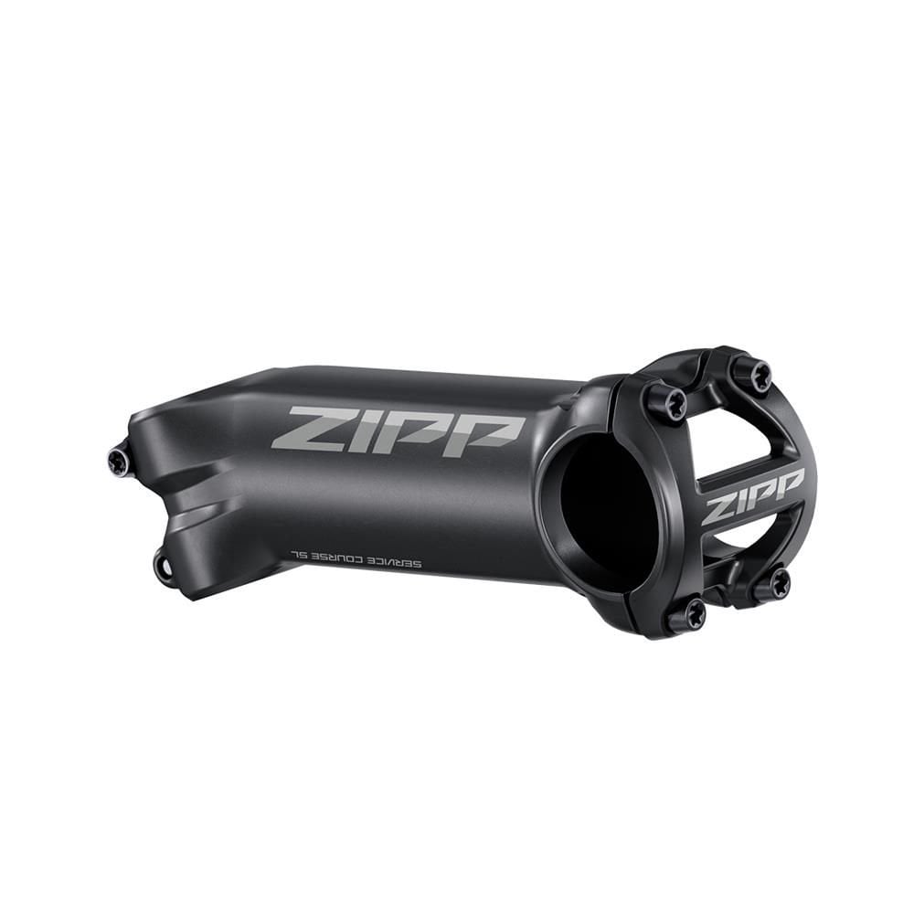 Zipp Service Course SL road bike stem with 17° angle and universal faceplate, mounted on a bike handlebar.