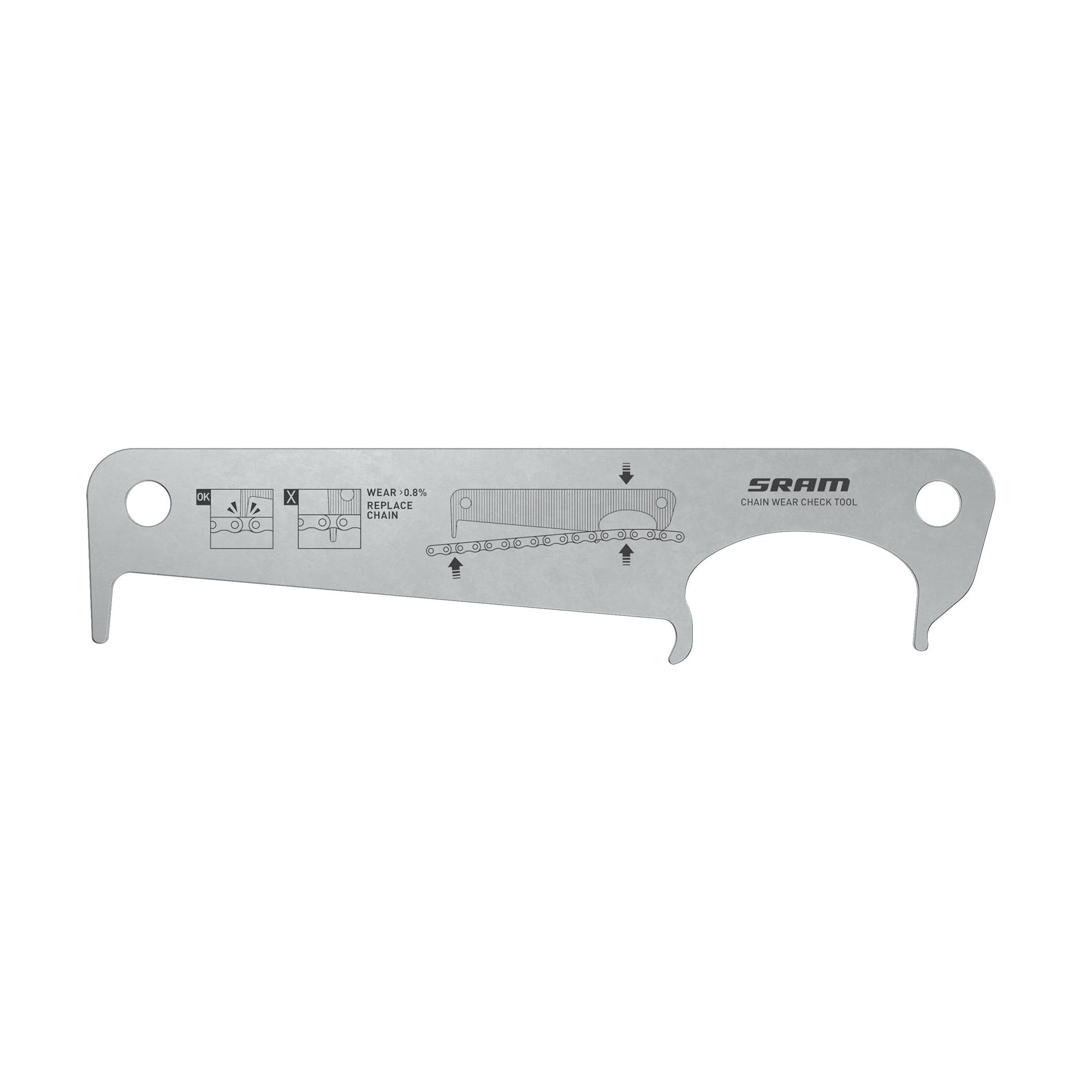 SRAM chain wear check tool used in workshops to measure 0.8% chain wear for precise bike maintenance.