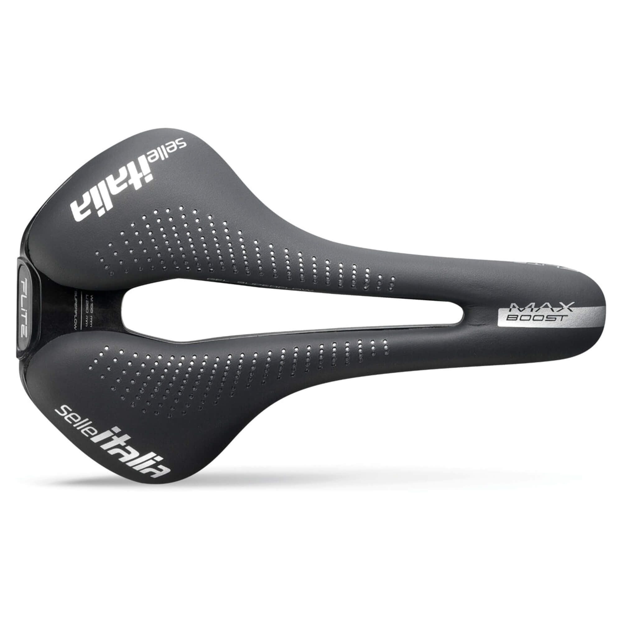 Selle Italia Max Flite Boost Gel TI316 Superflow black bike saddle with 155mm width, ergonomic design for road cycling.