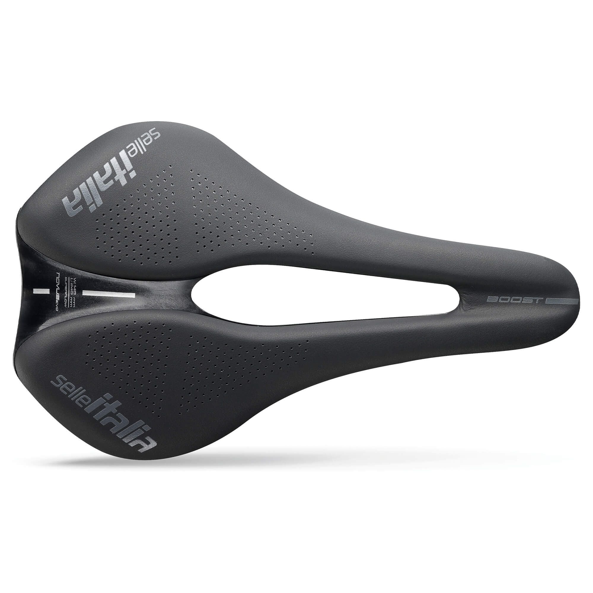 Selle Italia Max Novus Evo Boost TI316 Superflow black road and off-road saddle with ergonomic design and lightweight construction.